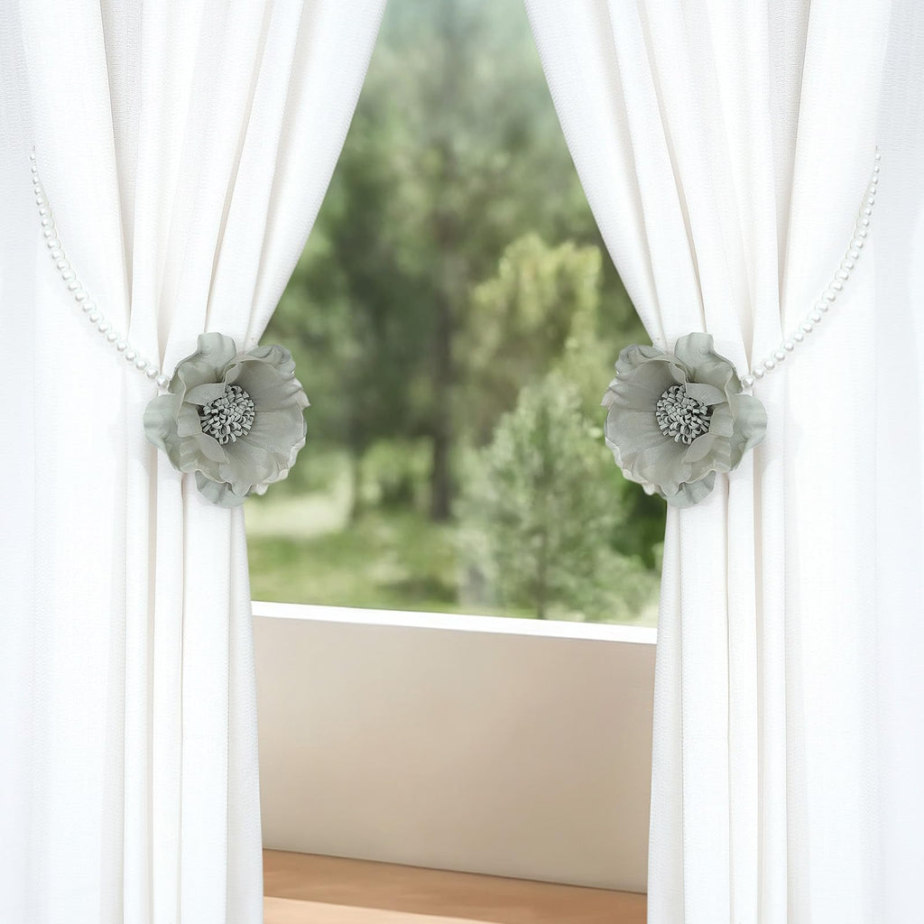 Elegant Pearl Magnetic Curtain Tieback with Handmade Flower Decorative Drapery Holdbacks Rope Holder