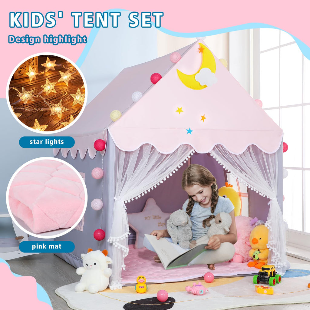 Kid Tent with Mat, Star Lights - Kids Play Tents for Toddlers Kids Tents Indoor Playhouse - Princess Tent for Girls Toy House