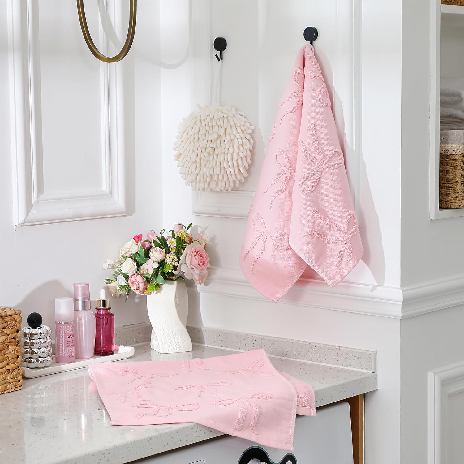 Preppy Pink Hand Towels for Bathroom Coquette Bow Hand Towels 100% Cotton Absorbent Decorative Jacquard Weave Bath Towel 13.7 x 29.5 Inch