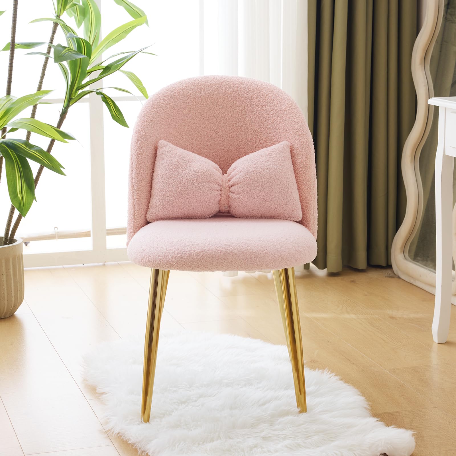 Cute, non-wheeled desk chair with backrest, fluffy cushion, cozy makeup chair with adjustable golden legs
