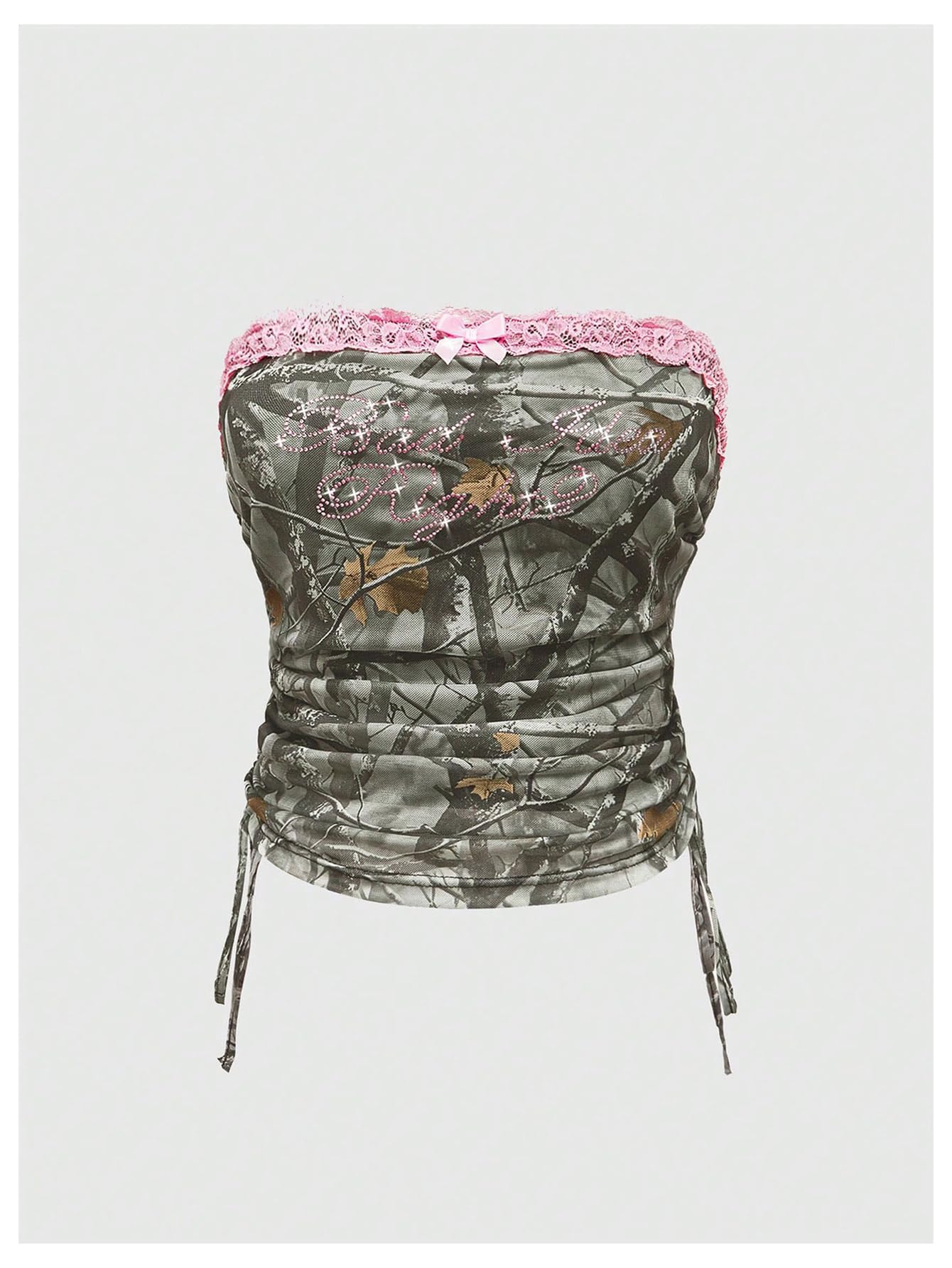 Women's Rhinestone Y2k Ruched Camo Bow Top Coquette Lace Tube Tops Cute Bandeau
