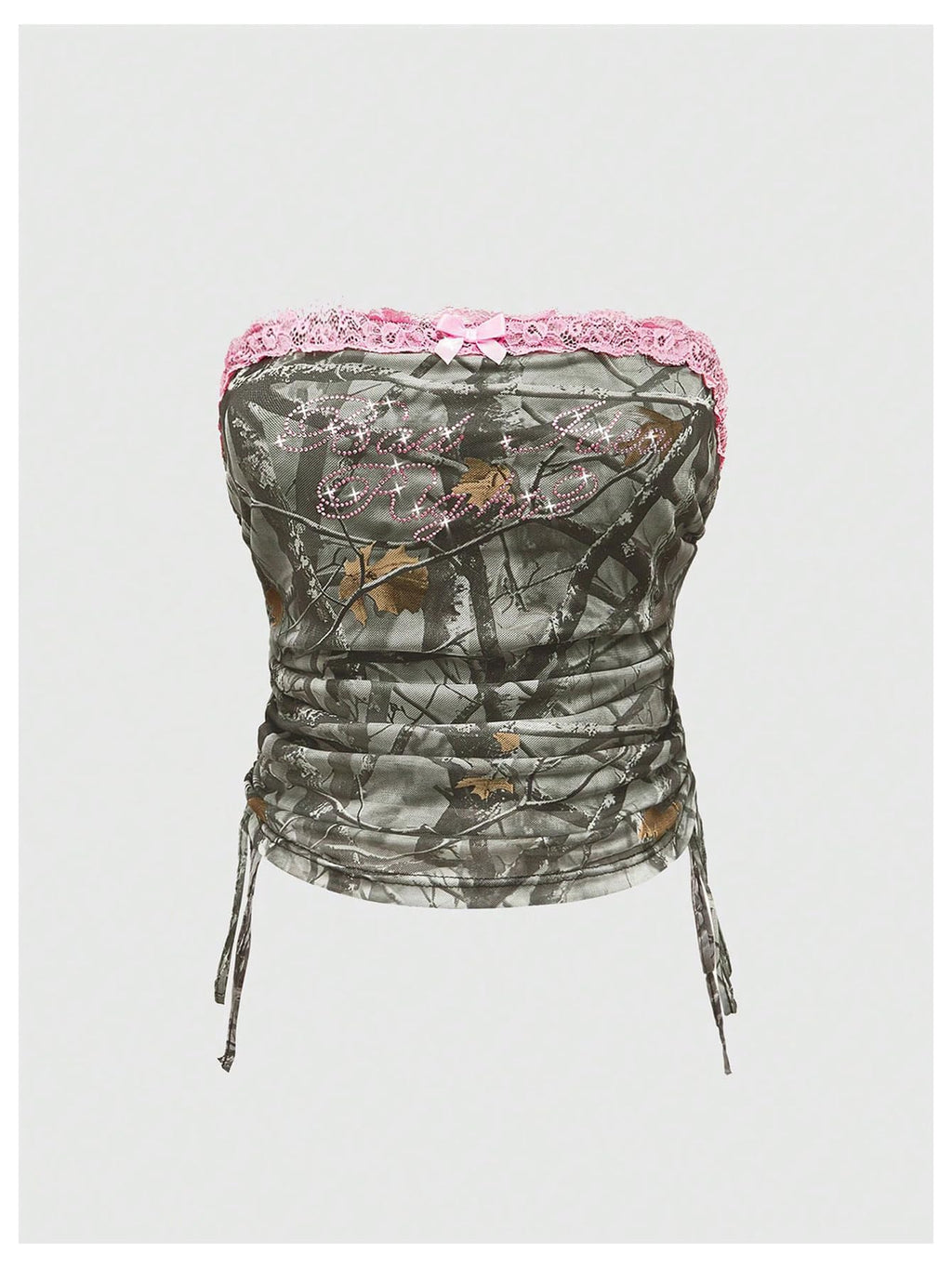 Women's Rhinestone Y2k Ruched Camo Bow Top Coquette Lace Tube Tops Cute Bandeau