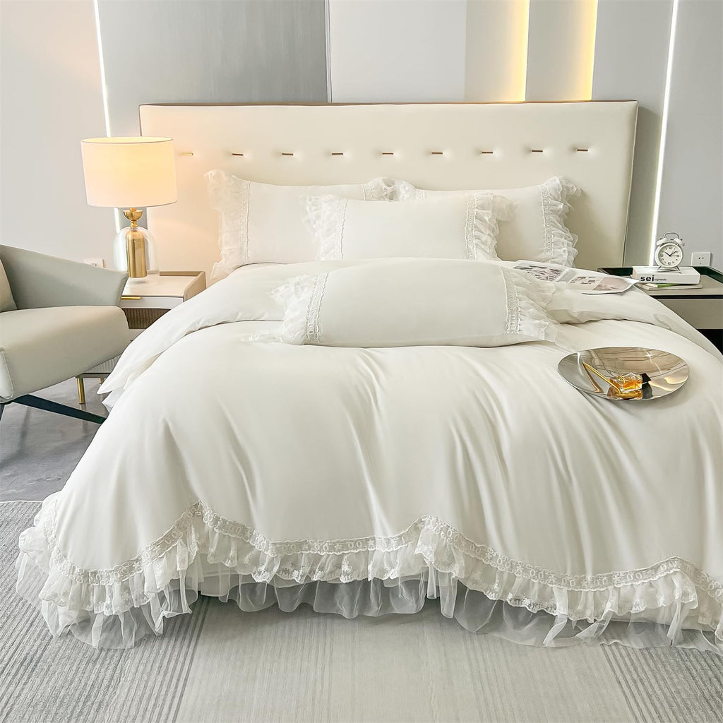 Chic Ruffle Lace Polyester Duvet Cover Set -Bedding-2 Piece Duvet Cover with Zipper Closure -Ultra Soft and Light Weight