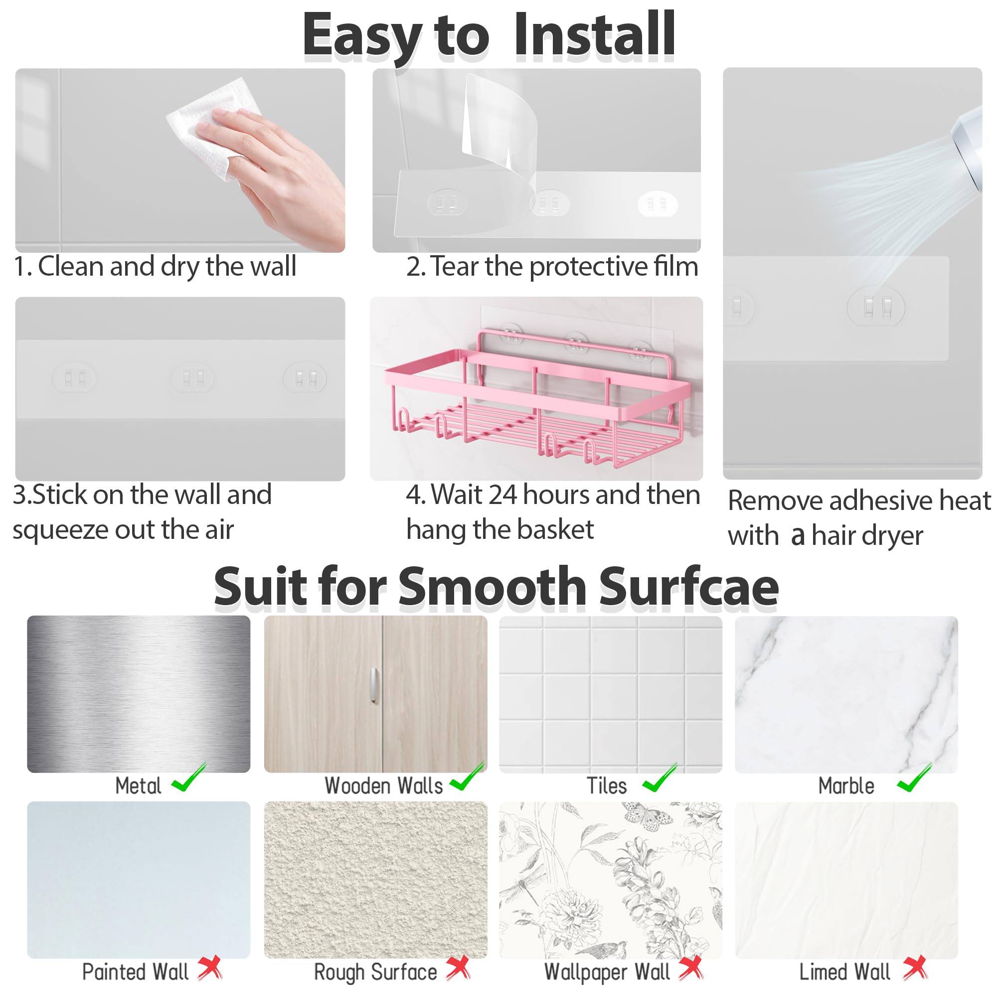 Shower Caddy Organizer Rack Shelf for Inside Shower, Adhesive Bathroom Wall Storage Basket Rustproof Stainless Steel