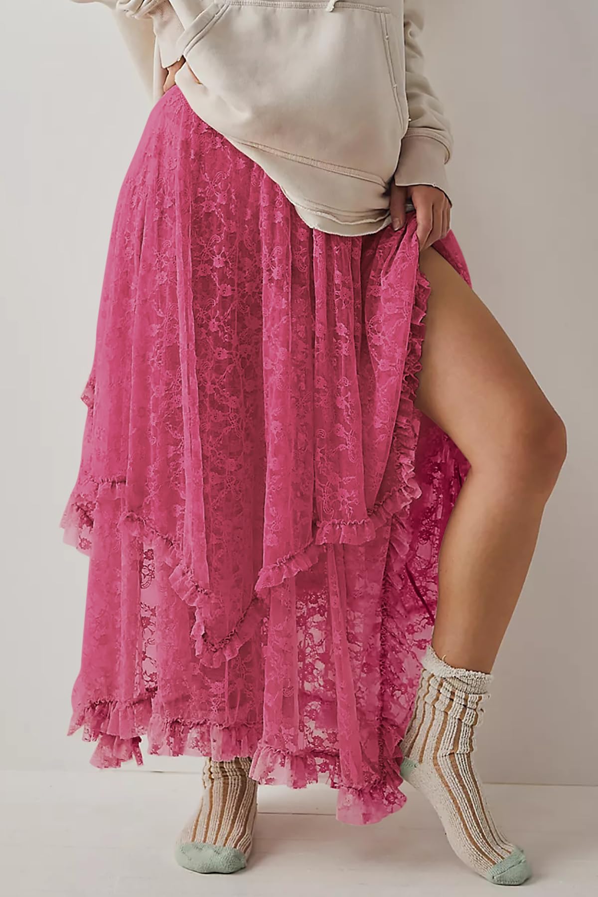 Women Lace Long Skirts Summer Elastic Asymmetrical Layered Hem Sexy See-Through Beach Floral Maxi Skirts