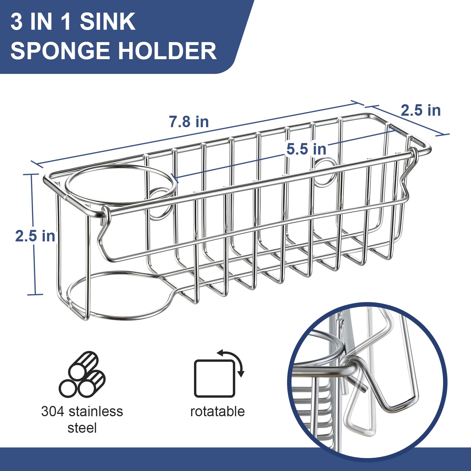 Sponge Holder for Kitchen Sink with Suction Cups & Adhesive Hook, In-sink Sponge Holder, Wall Hanging Sink Caddy Organizer Rack 3-In-1