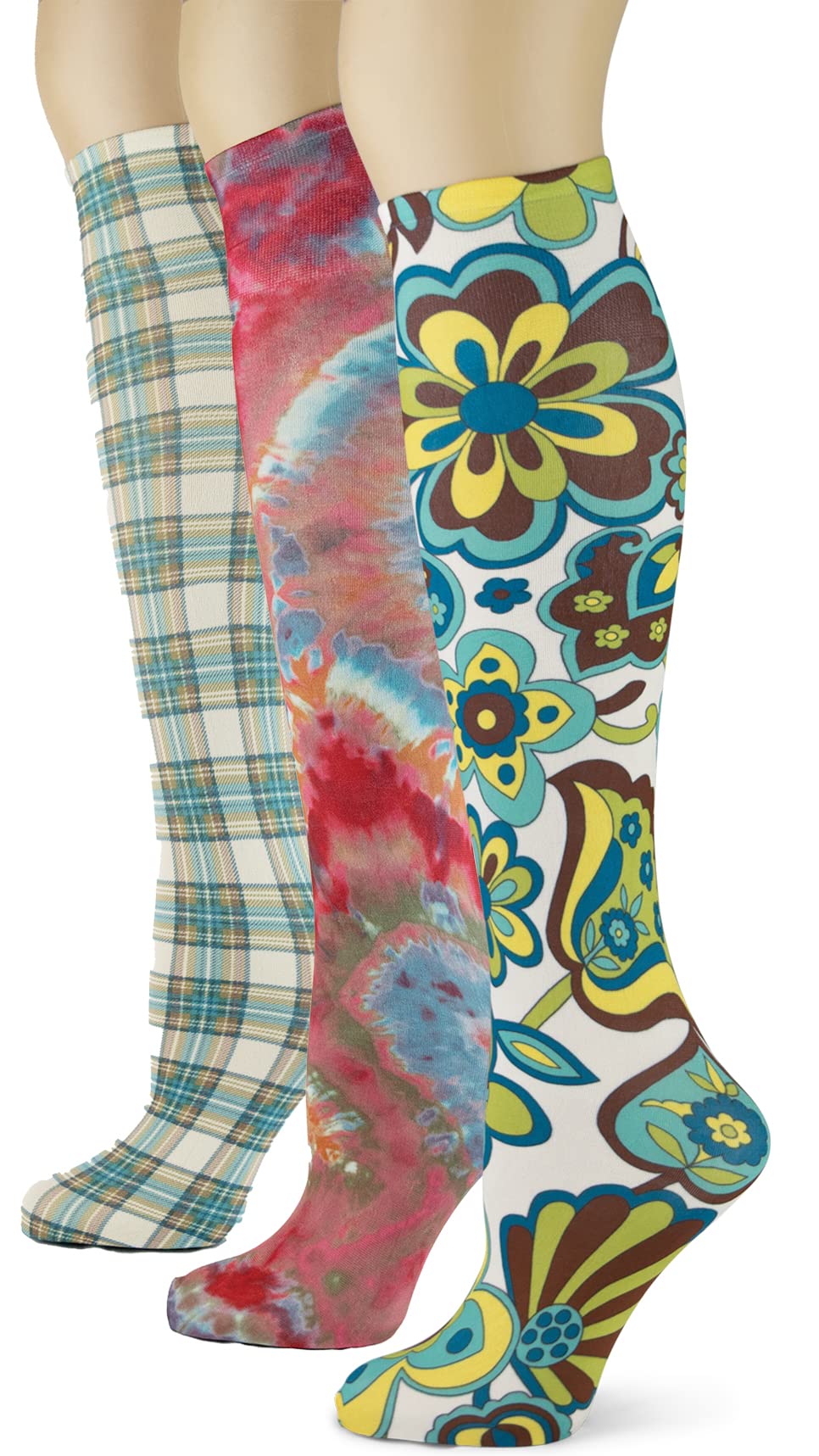 Women's 3 Pairs Knee High Trouser Socks, Classy and Colorful Printed Patterns, Silky Smooth Material