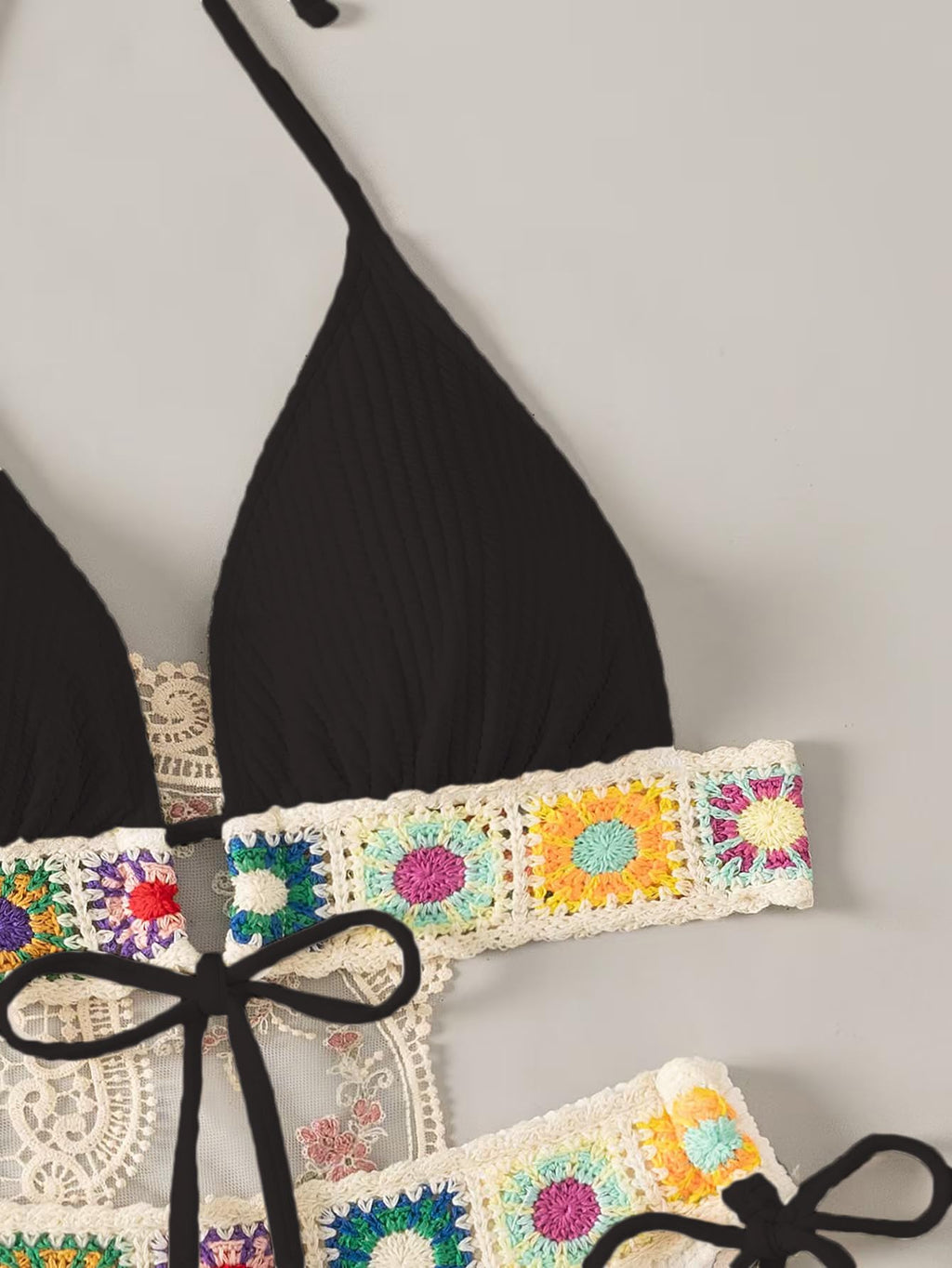 Women's Floral Embroidery Halter Padded Bikini Set Cut Out Boho Bathing Suit Swimsuit