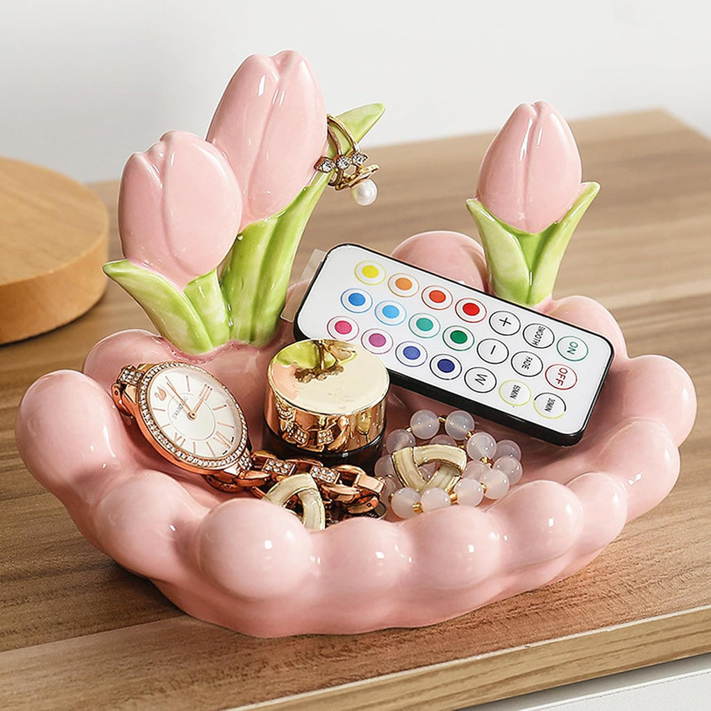 Pink Ceramic Tulip Decorative Jewelry Tray Jewelry Storage for Rings Earrings Necklaces Bracelet Watch Keys