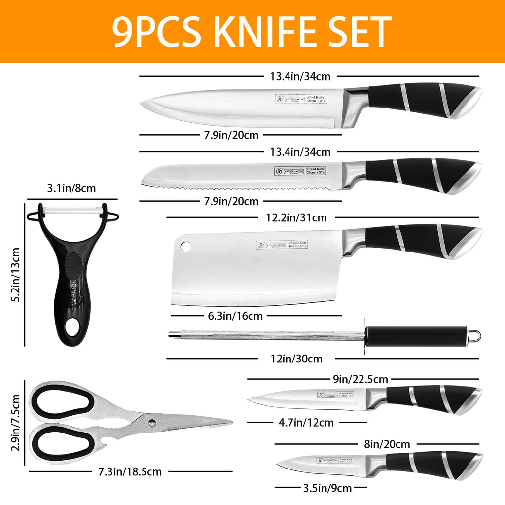 Kitchen Stainless Steel Knife Set, 9-Pieces Sharp Non-Stick Coated Chef Knives Block Set
