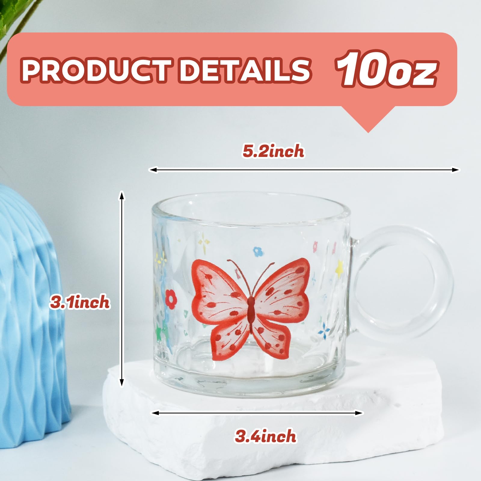 Glass Butterfly l Mugs, 10oz lUnique Glass Cup with Handle