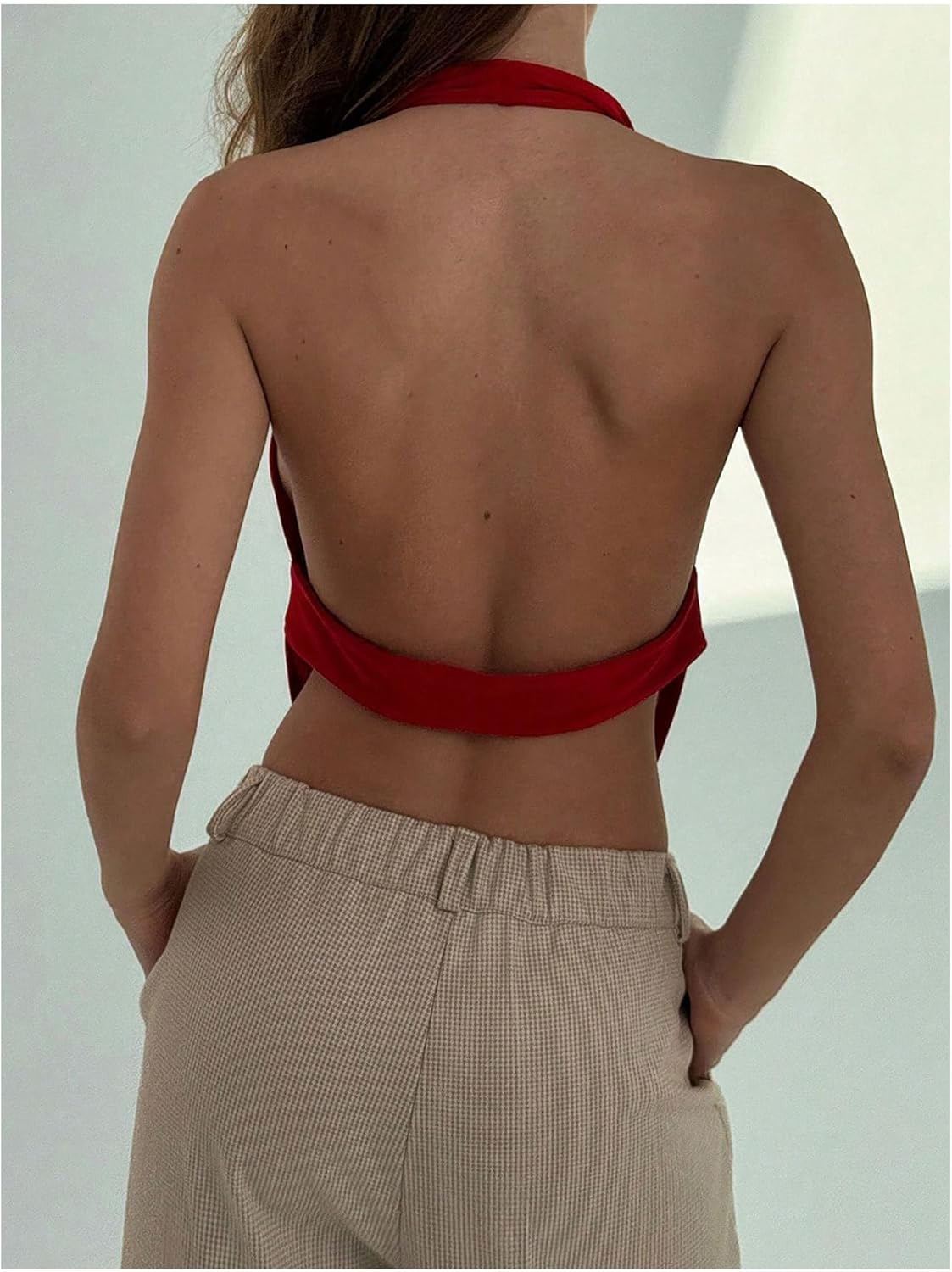 Women's Casual Sleeveless Backless Halter Tops Draped Front Party Tank Top