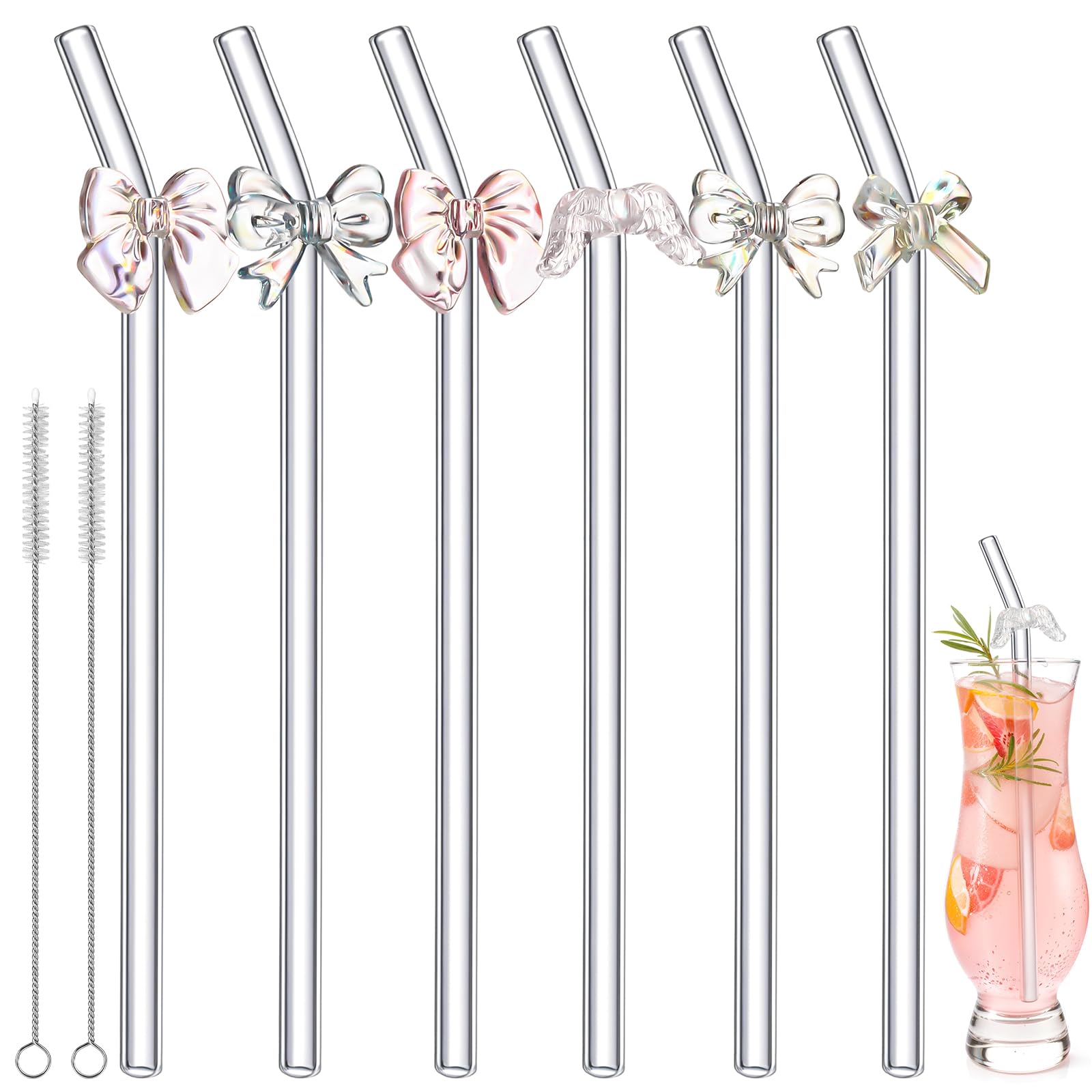 Reusable Glass Straw with 2 Cleaning Brush, Charm Cute Colorful Pattern Sticky Reinforced Glass Shatter Resistant Straw 6 Pcs