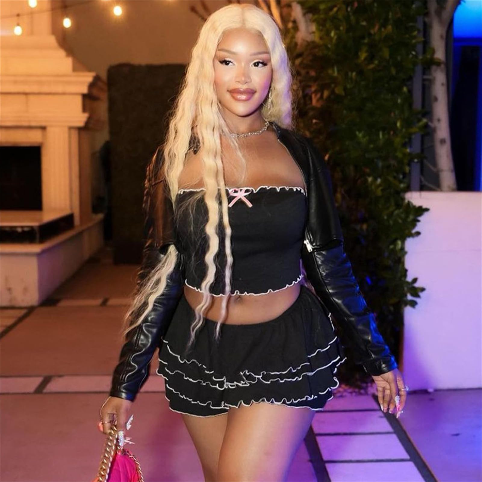 Women 2 Piece Skirt Sets Sexy Ruffle Ruched Tube Crop Tops Layer Pleated Flowy Mini Skort Skirts Y2K Clothes