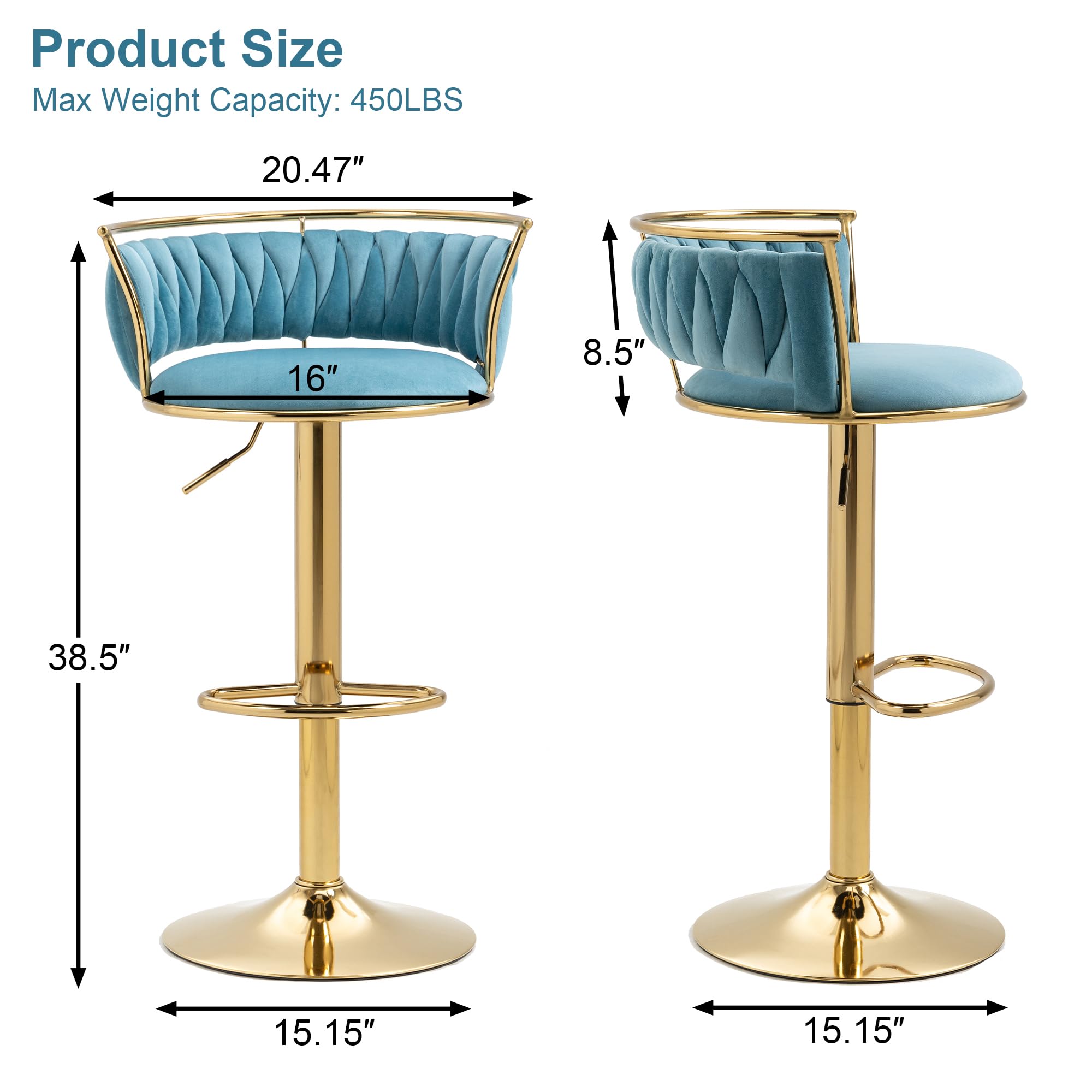 Velvet Swivel Bar Stools, Adjustable Counter Height Bar Chairs with Low Back & Footrest, Modern Gold Bar Stools for Kitchen Island, Bar Pub