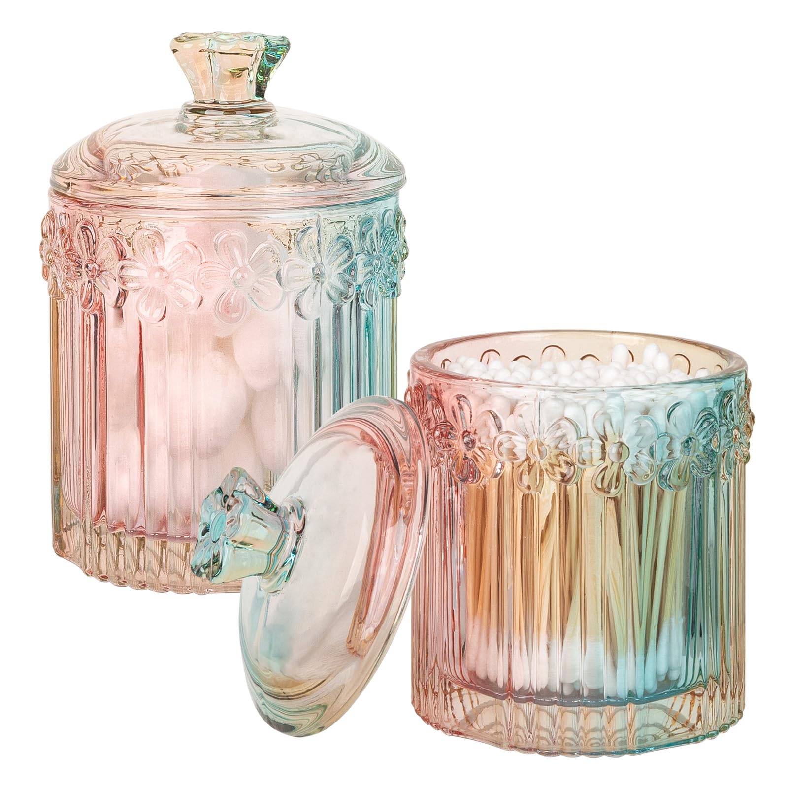 Qtip Holder Glass Apothecary Jars with Lids Set Bathroom Canisters Dispenser Organizers and Storage for Cotton Swabs, Balls, Pads, Floss Picks, Candy 2 Pack