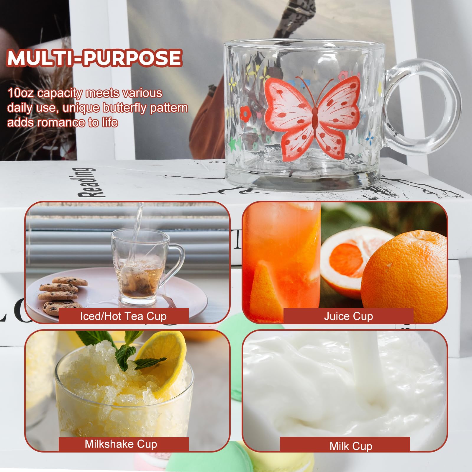 Glass Butterfly l Mugs, 10oz lUnique Glass Cup with Handle
