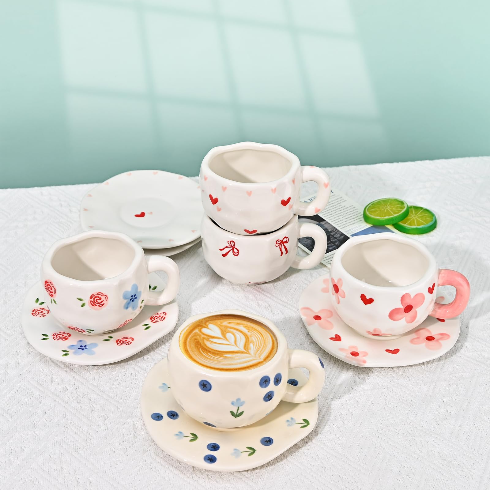 Ceramic Coffee Mug with Saucer Set, Cute Creative Cup Unique Irregular Design, 10 oz/300 ml