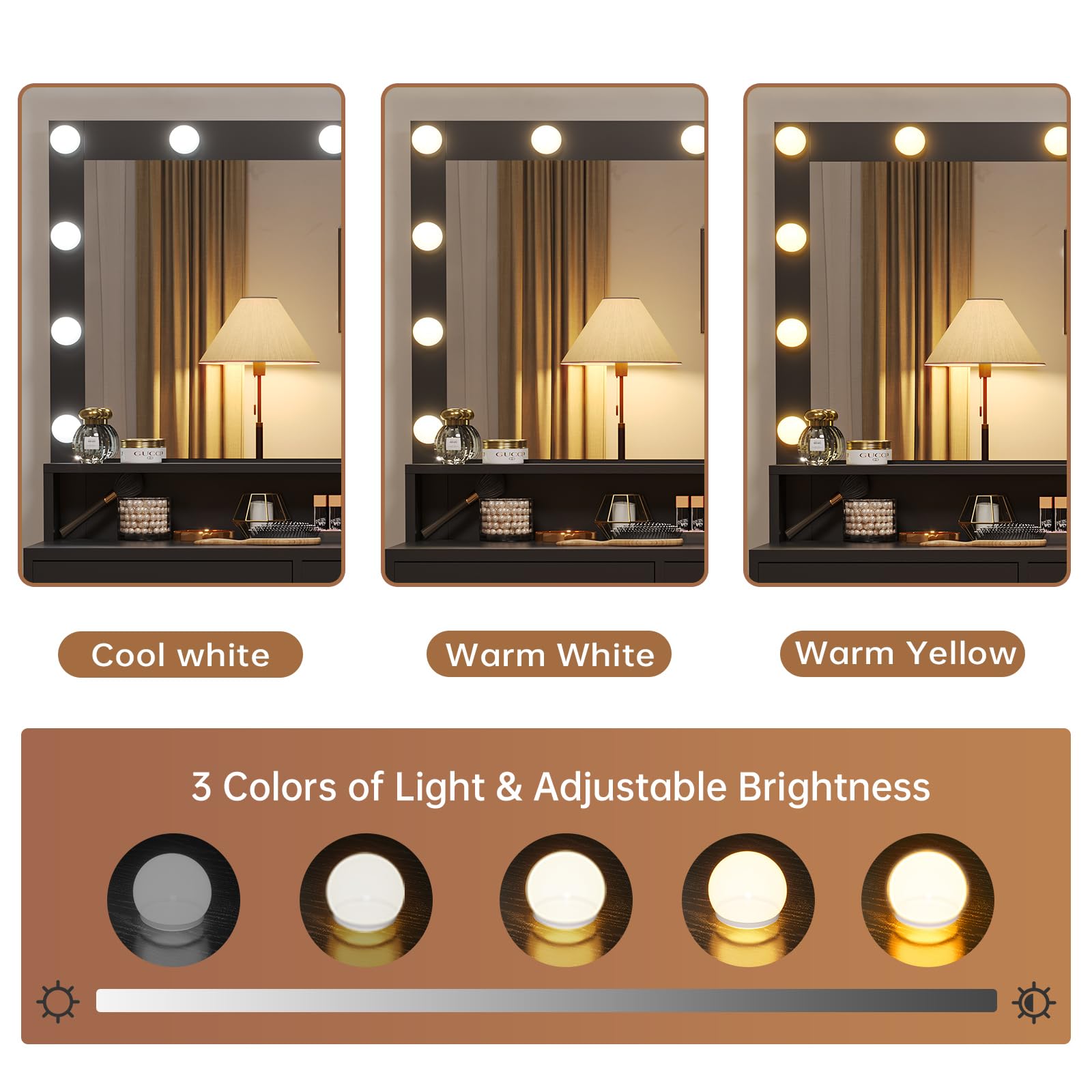 Vanity Desk with Mirror and Lights & Charging Station, White Vanity Table with 5 Storage Drawer & Glass Door & 3 Shelves