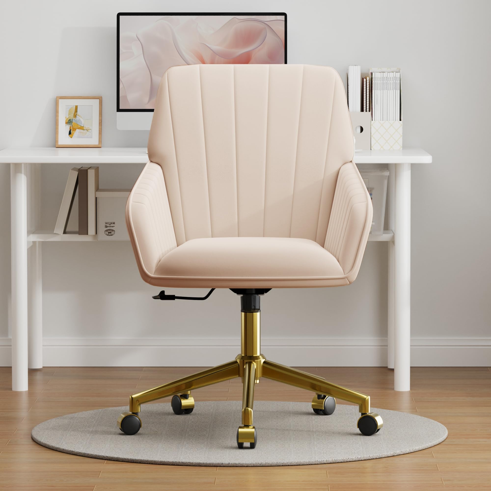 Velvet Modern Cute Chair with Back, Height Adjustable Upholstered Vanity Chair with Swivel Wheels