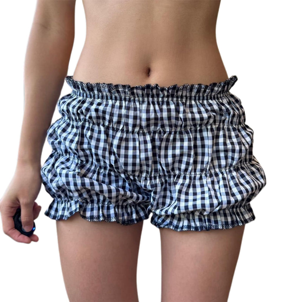 Womens Ruffle Bloomer Shorts Y2k Elastic Gingham Fruit Print Cute Frilly Lounge Sleep Pj Mini Micro Boy Shorts