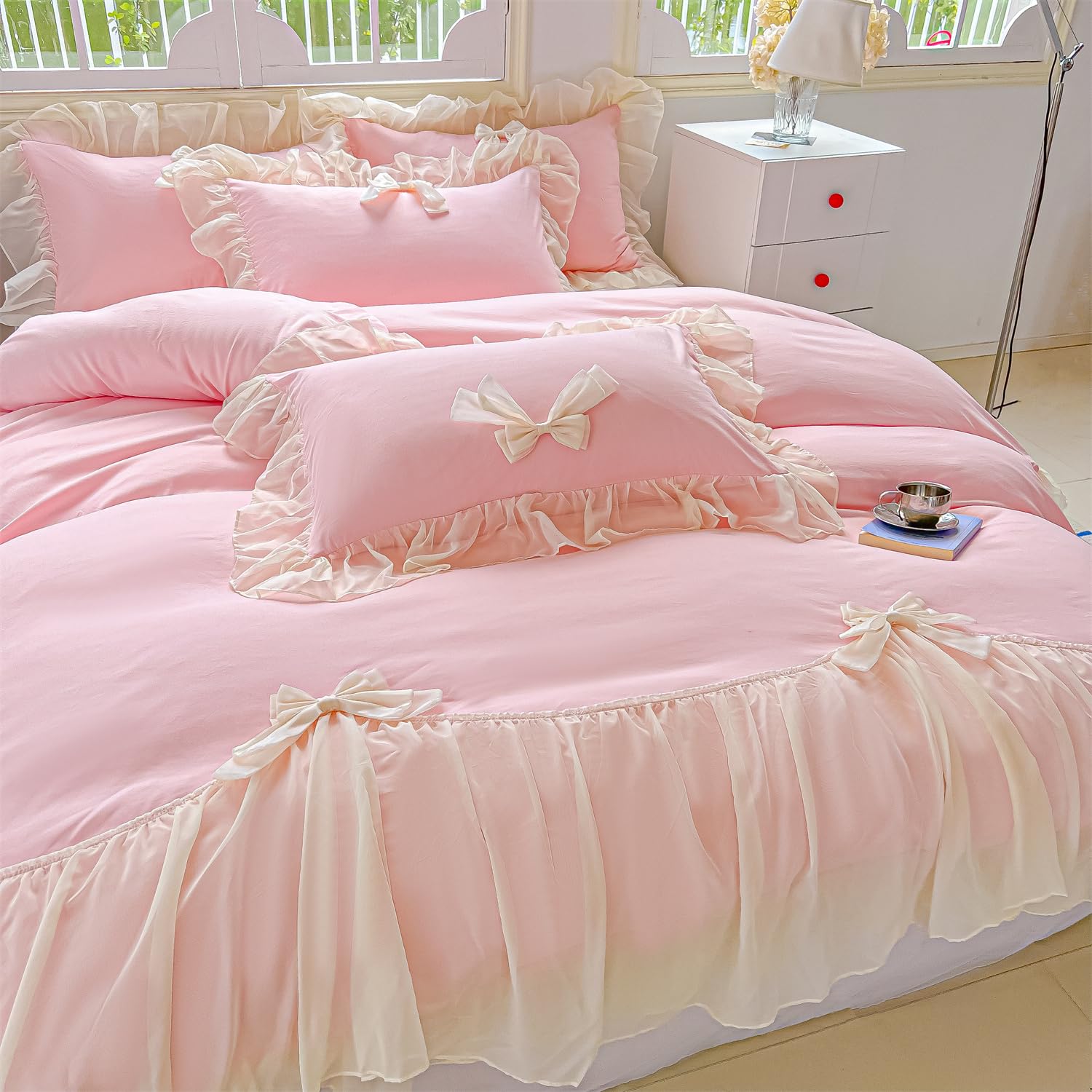 Girls Lace Bedding,Queen Comforter Cover Set, Chic Ruffled Duvet Cover with Lovely Bow,Princess Style 1 Duvet Cover with 2 Pillowcases, No Comforter-Hot Pink,Full Size