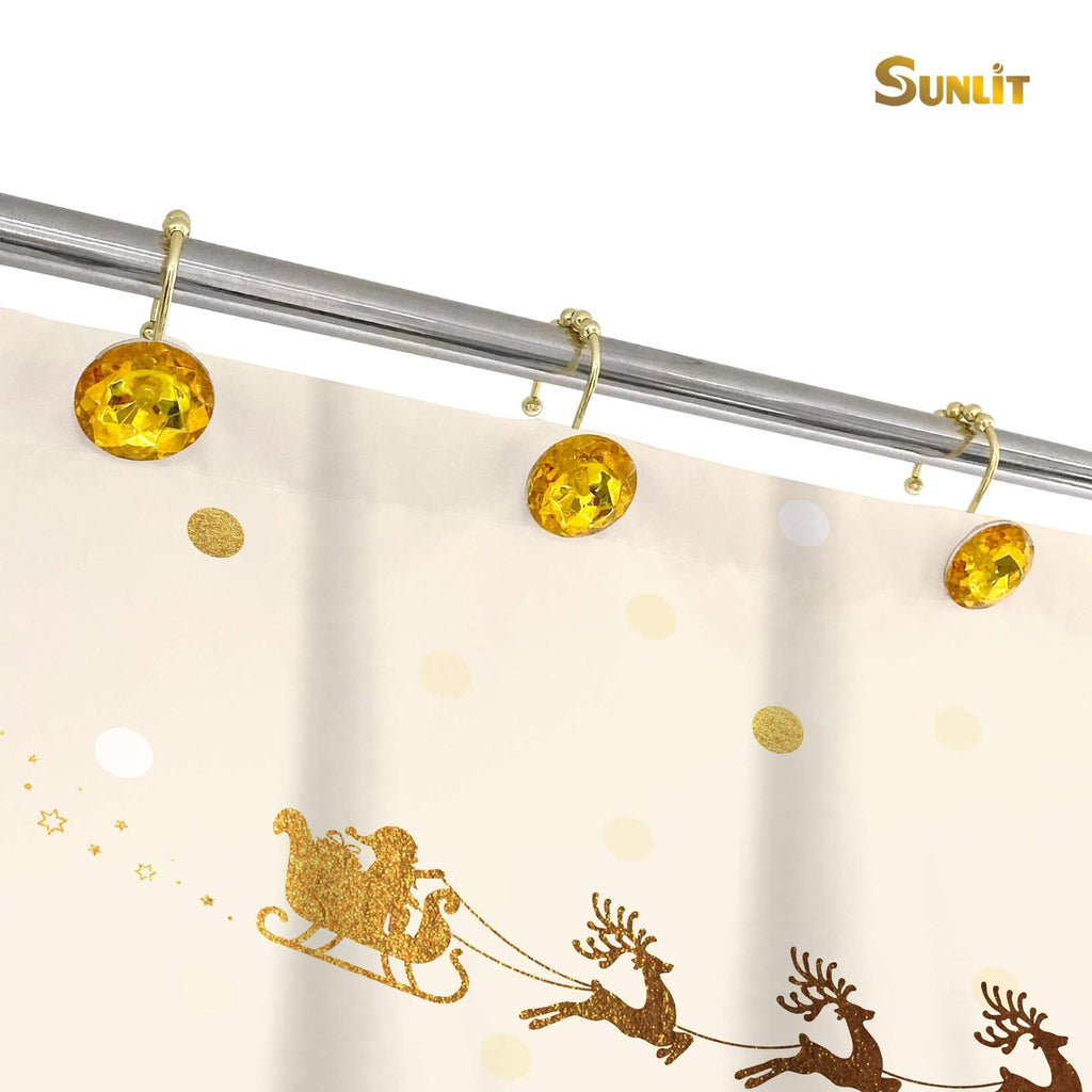 Luxury Design Round Diamond Crystal Gem Bling with Glide Balls Shower Curtain Hooks, Rust Proof Metal Rhinestones Glam Shower Curtain Rings-12 Pack