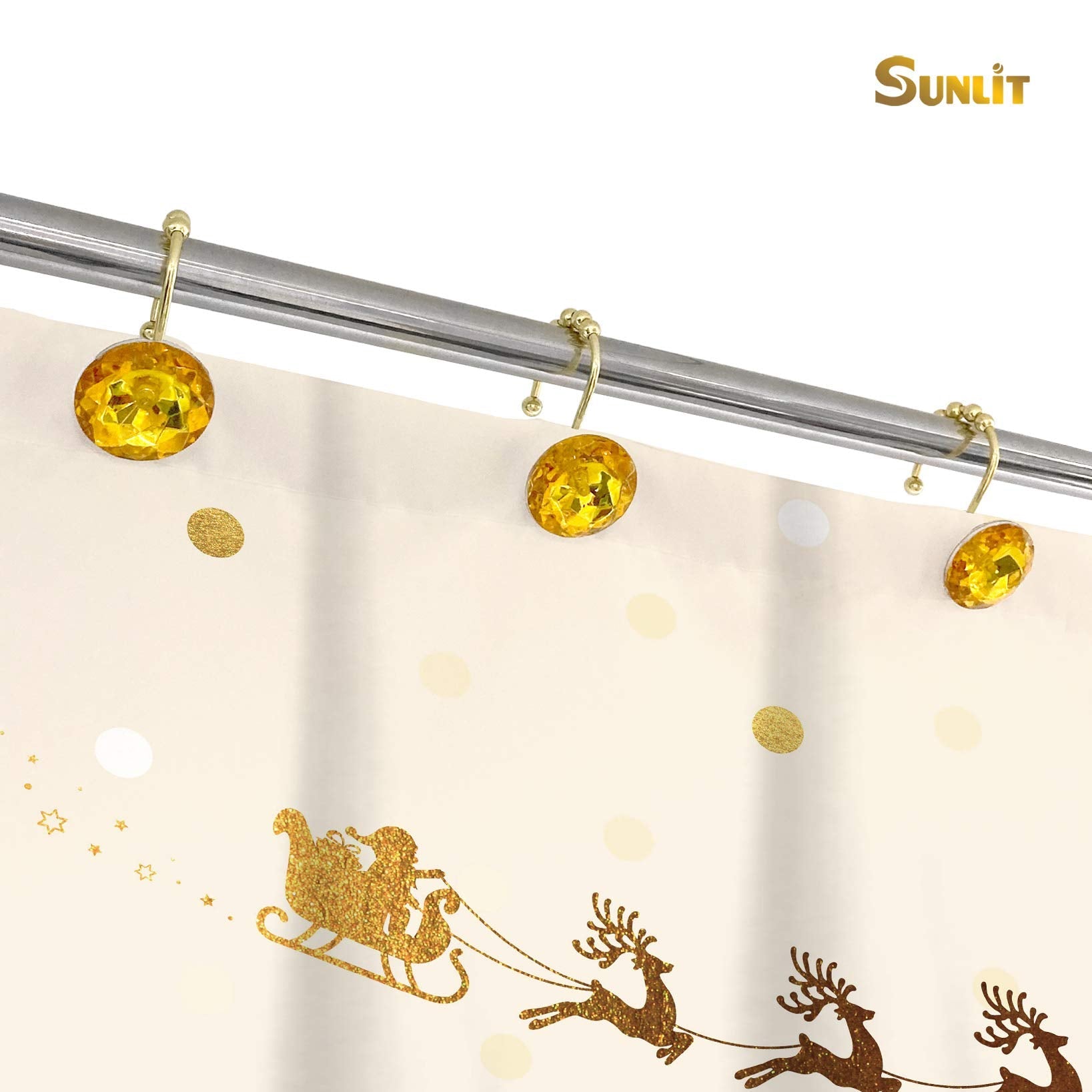 Luxury Design Round Diamond Crystal Gem Bling with Glide Balls Shower Curtain Hooks, Rust Proof Metal Rhinestones Glam Shower Curtain Rings-12 Pack