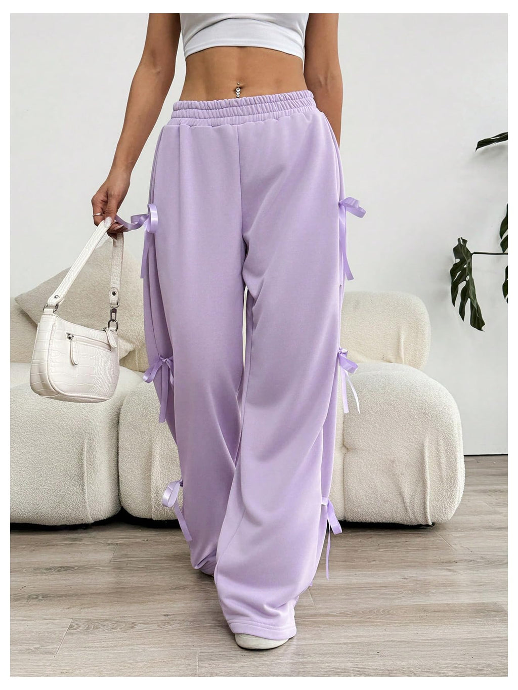 Women's Bow Wide Leg Sweatpants Elastic Waist Casual Baggy Pants with Pocket