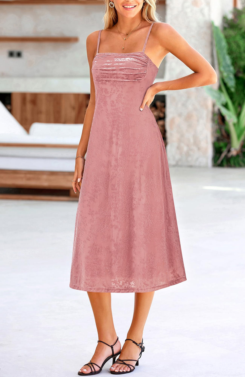 Women's Sleeveless Spaghetti Strap Midi Sexy Cowl Neck Floral Dress