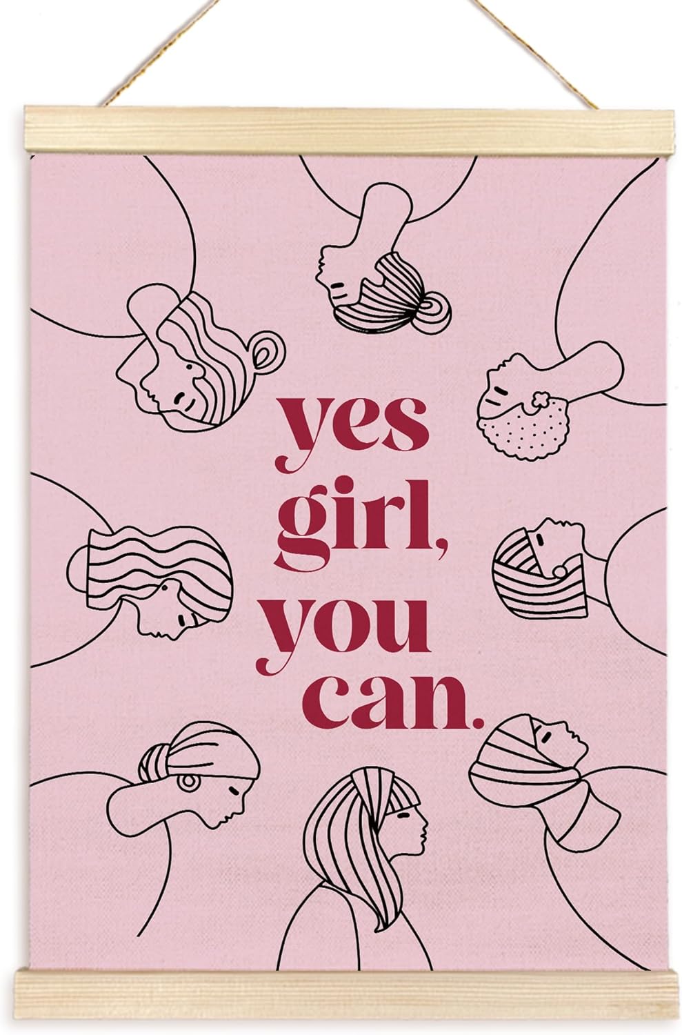 Yes Girl You Can Poster Hanger Frame, Feminist Motivational Quote Wooden Canvas Artwork Print, Pink Positive Wall Painting for Girl Room Home Bathroom Office Decor 12X16inch