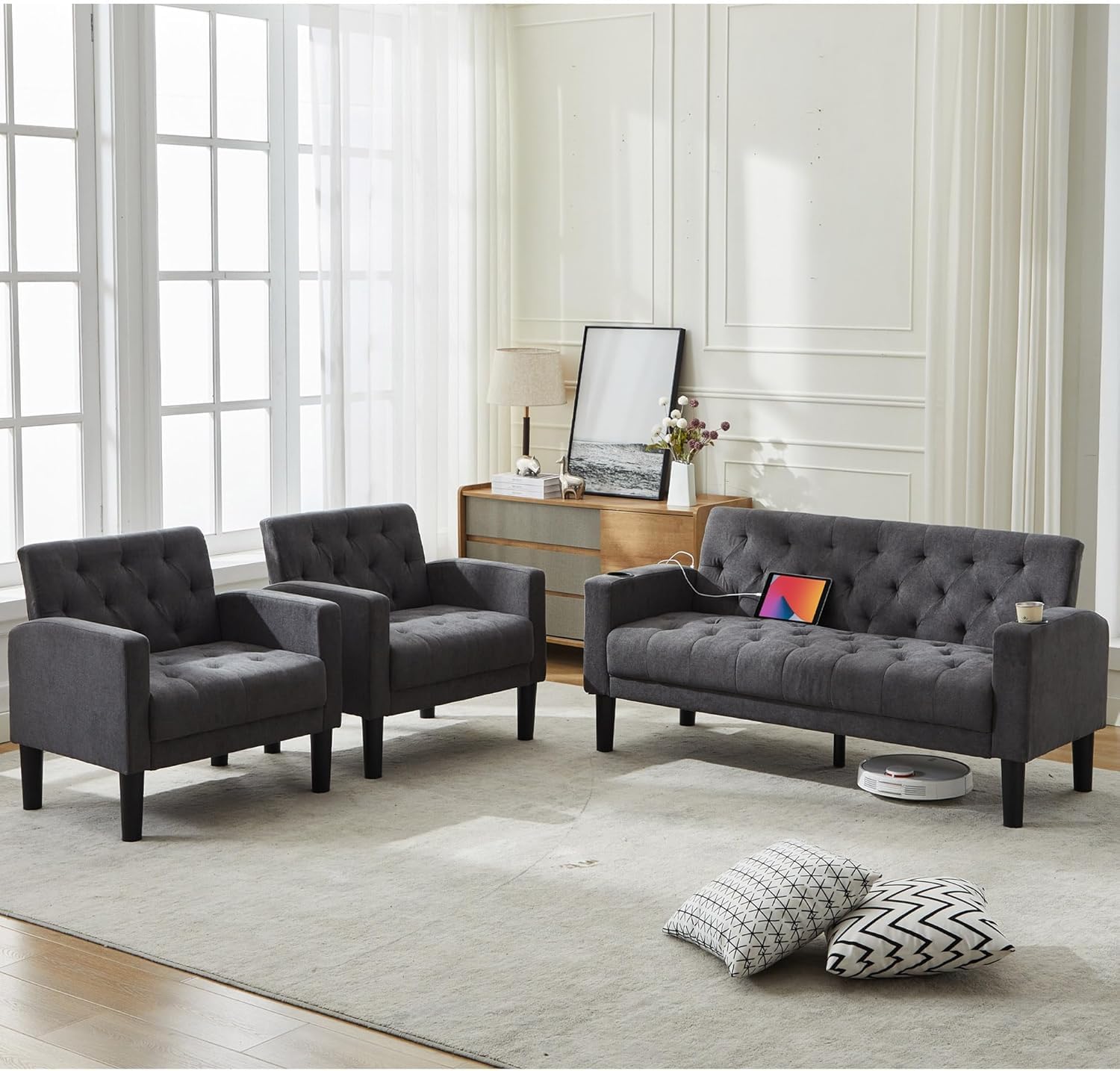 Velvet Loveseat Sofa w/ 2 USB Charger Ports and 2 Cupholders, Mid-Century Modern Tufted