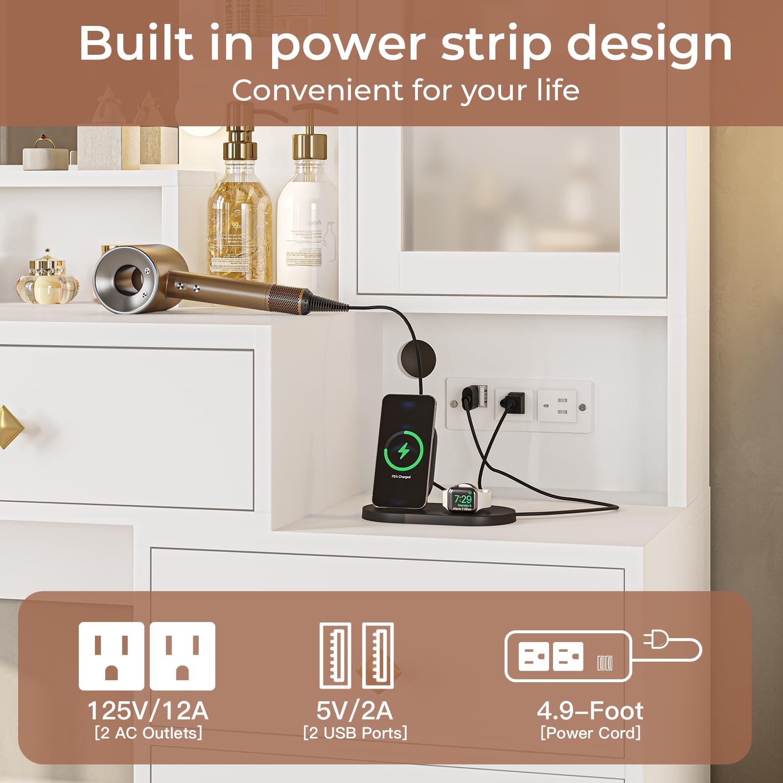 Vanity Desk with Mirror and Lights & Charging Station, White Vanity Table with 5 Storage Drawer & Glass Door & 3 Shelves