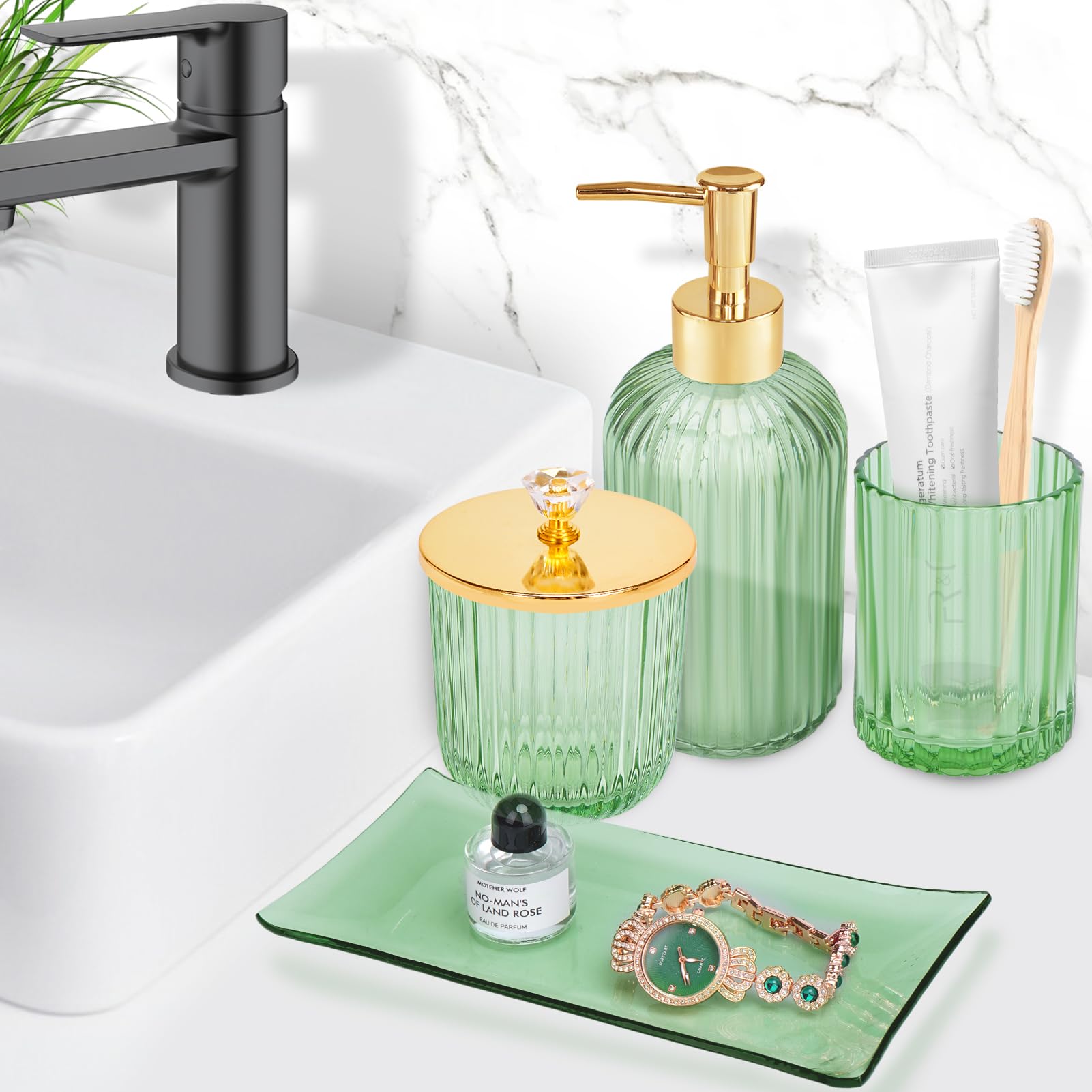 Glass Bathroom Accessories Set 4PCS Bathroom Accessories Set with Soap Dispenser Toothbrush Holder Qtip Holder & Vanity Tray