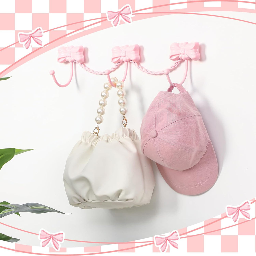 Pink Bow Wall Hooks Hanger for Towel Bag Coat Coquette Pink Bow Wall Decorative with Three Hooks Iron for Living Room Bathroom Bedroom Shower