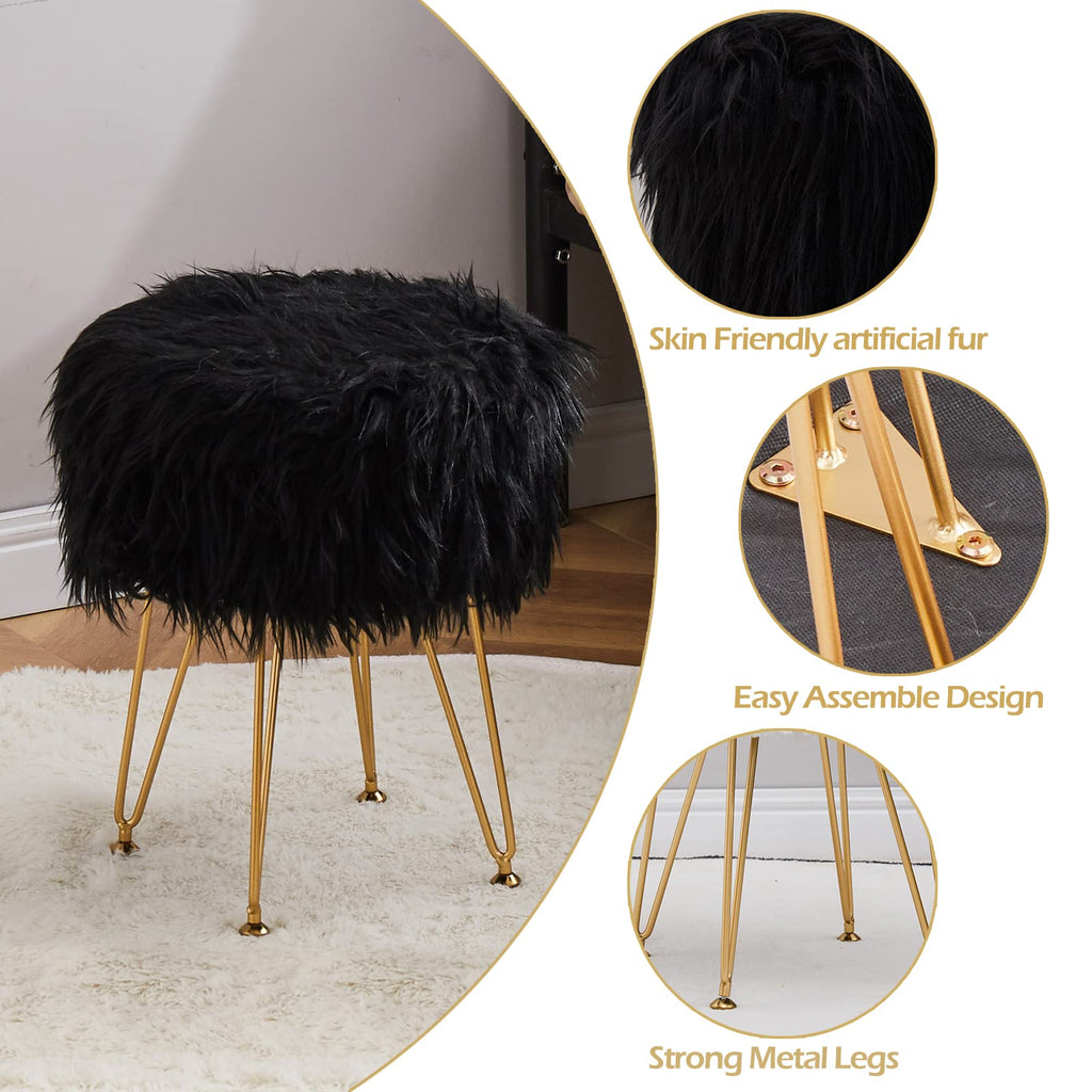 Faux Fur Storage Ottoman Round Furry Vanity Stool Marble Grain Tray Coffee Table Compact Footrest Stool with 4 Metal Legs Soft Makeup Seat Foot Stools for Living Room Bedroom Entryway