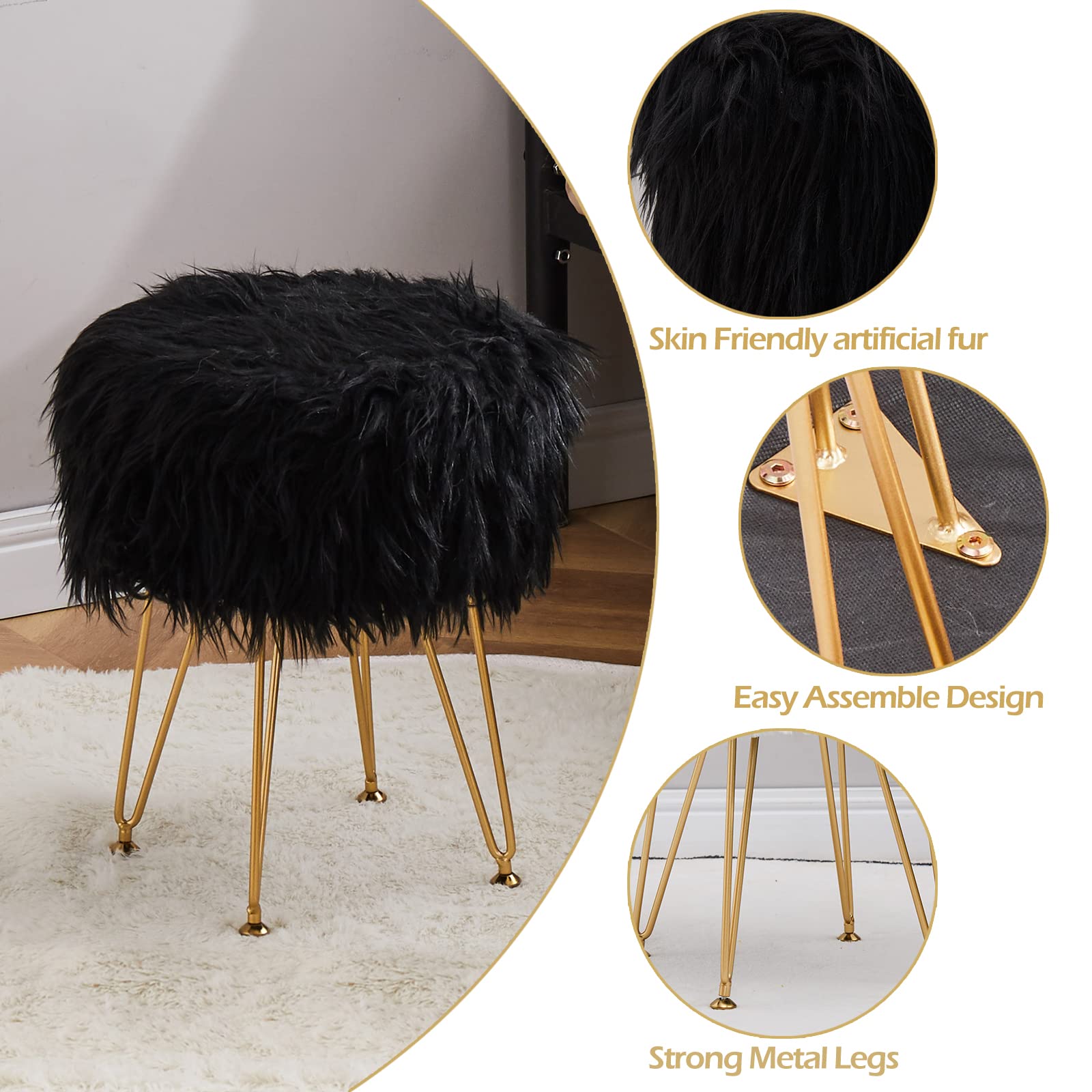 Faux Fur Storage Ottoman Round Furry Vanity Stool Marble Grain Tray Coffee Table Compact Footrest Stool with 4 Metal Legs Soft Makeup Seat Foot Stools for Living Room Bedroom Entryway