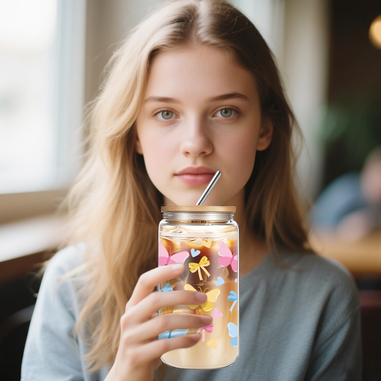 Cute 16oz Glass Cups with Lids and Straws, 2 Pack