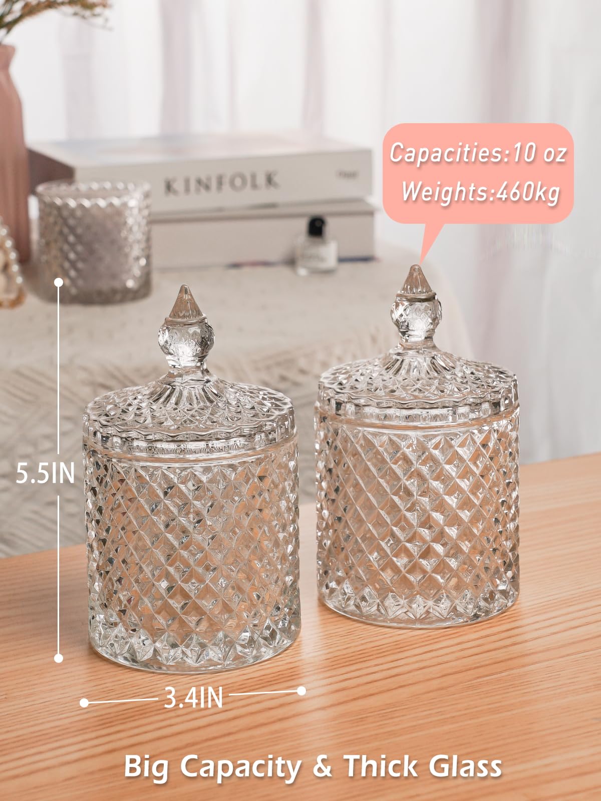 Cute Glass Apothecary Jars with Lid, Pink Cotton Ball Pad Round Container Holders and Vanity Canister Storage Jar for Makeup Sponges, Floss, Hair Accessories 2 Pack