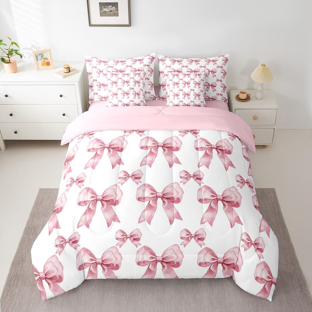 Princess Style Pink Bowknot Comforter Bedding Set, Bow Tie Pink White Dreamy Fairy Tale Bow (Comforter+Fitted+Flat Sheet+2 Pillowcases+2 Throw Pillow Covers) 7 Pieces Bed Set