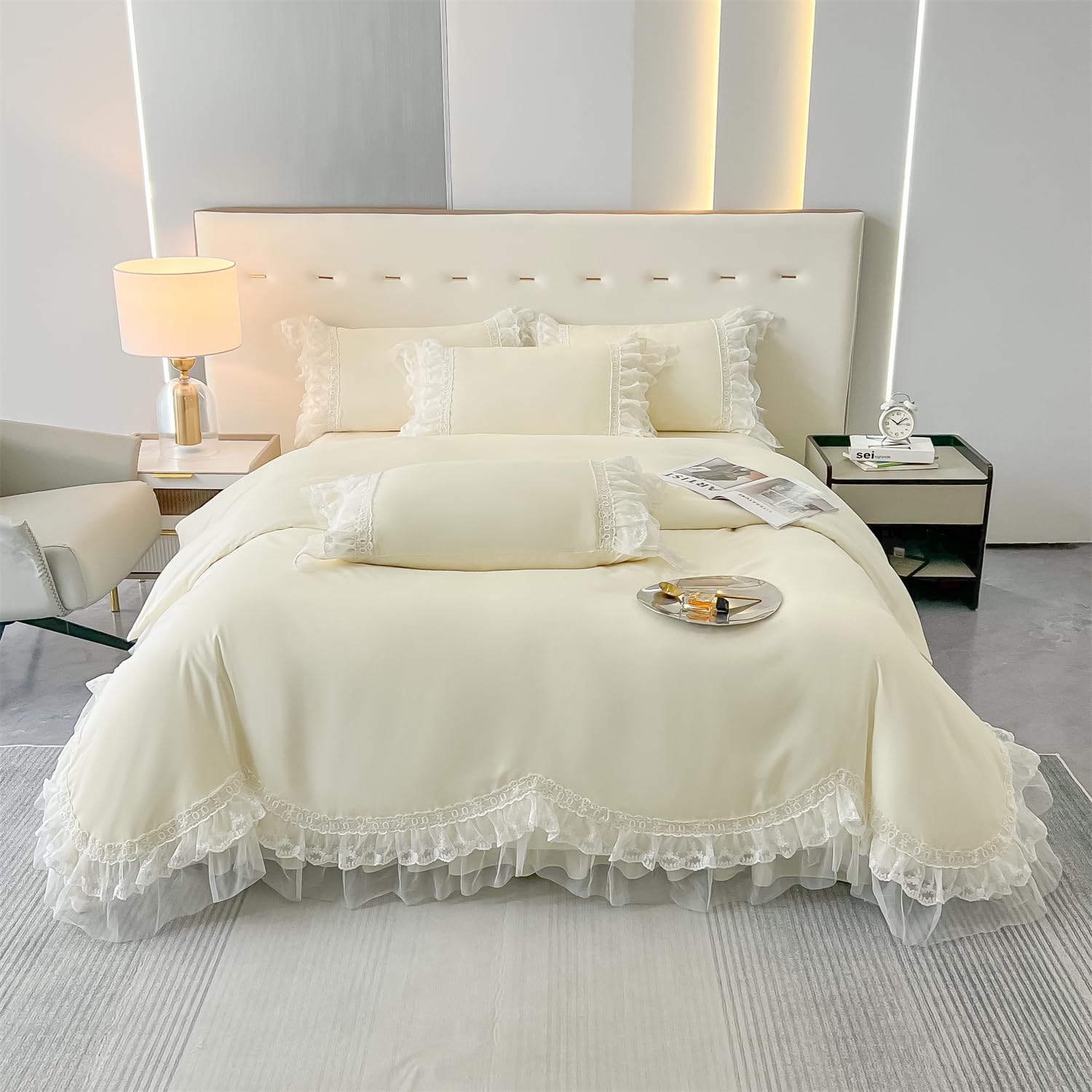 Chic Ruffle Lace Polyester Duvet Cover Set -Bedding-2 Piece Duvet Cover with Zipper Closure -Ultra Soft and Light Weight