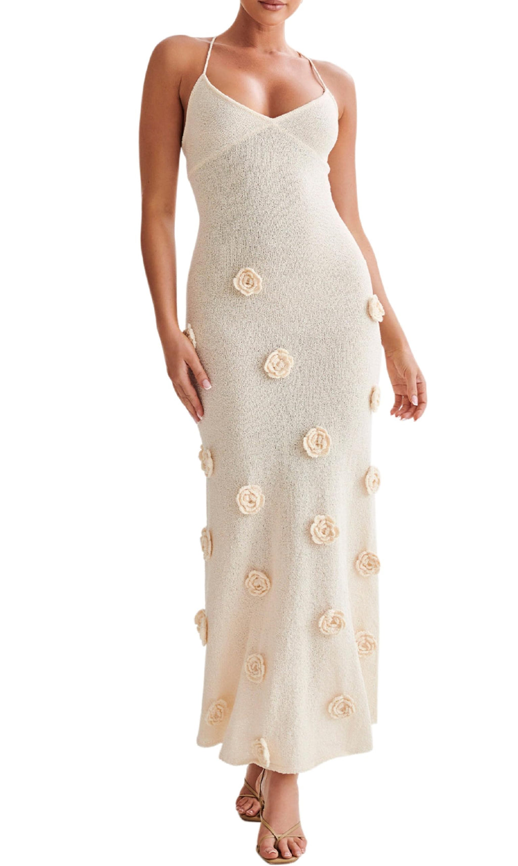 Women Knit Maxi Cami 3D Floral Bodycon Long Sexy Spaghetti Strap Tie Backless Dress