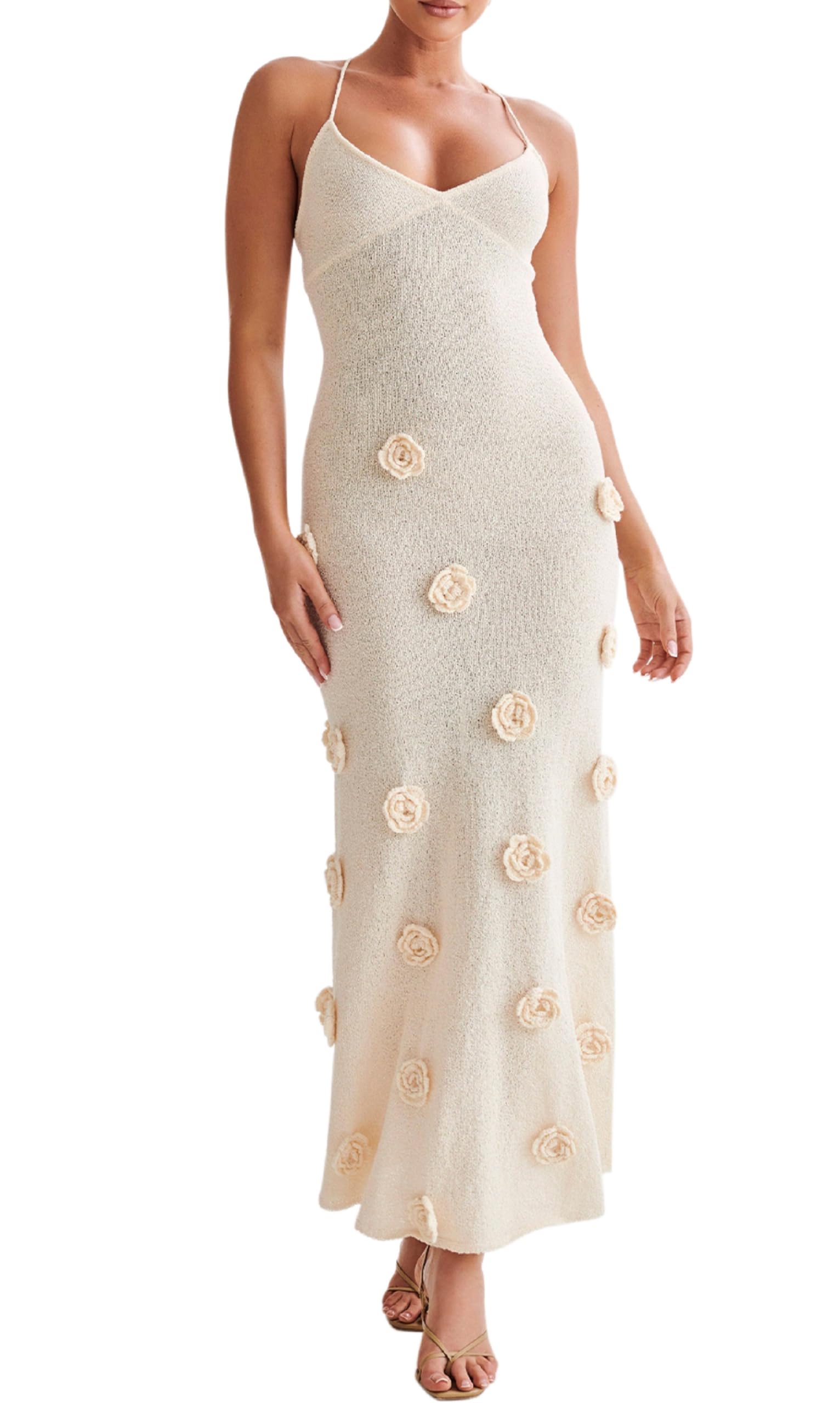 Women Knit Maxi Cami 3D Floral Bodycon Long Sexy Spaghetti Strap Tie Backless Dress