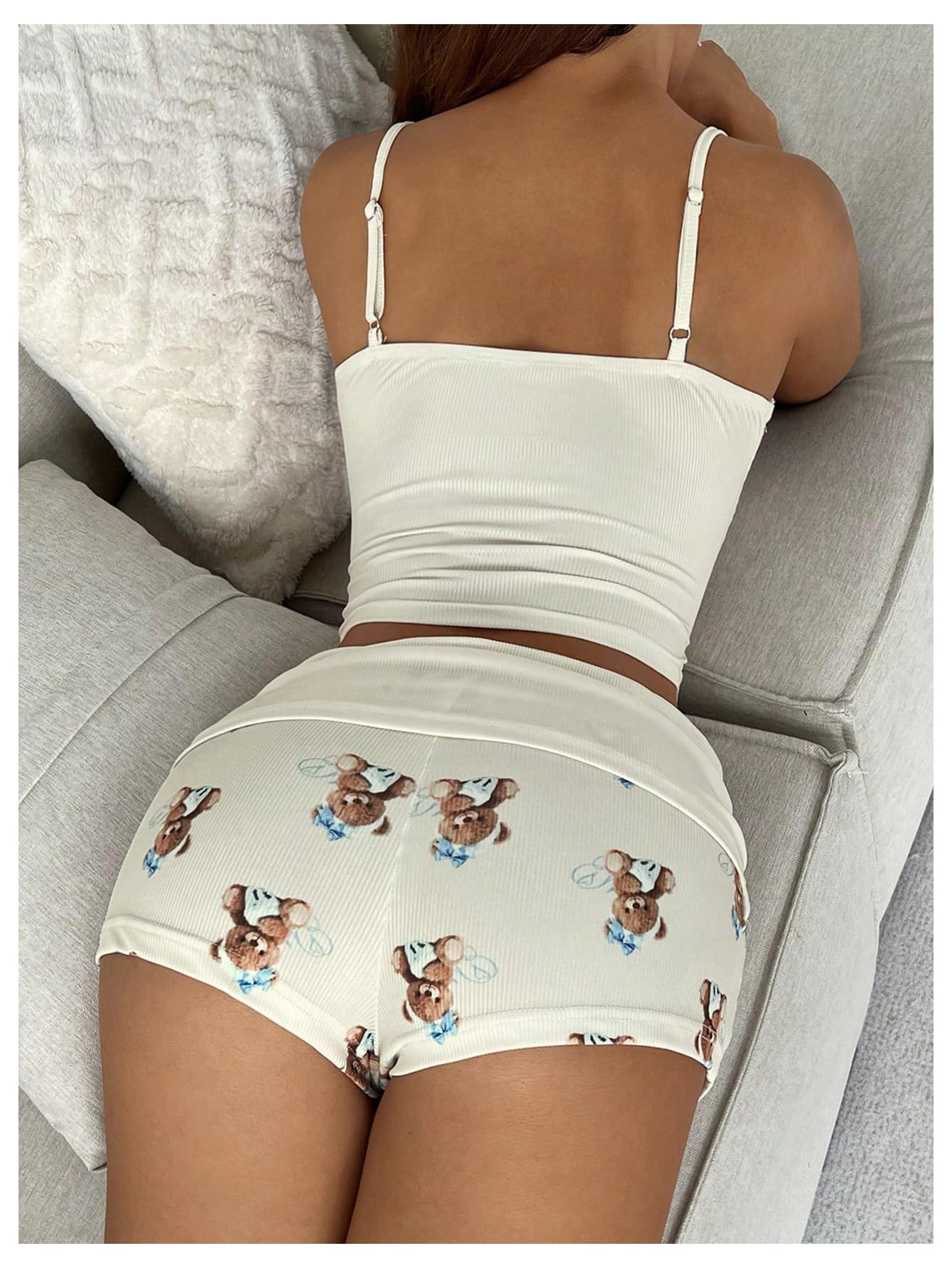 Women's 2 Piece Cute Pajama Set Cartoon Print Ruched Cami Crop Tops and Shorts Lounge Sets