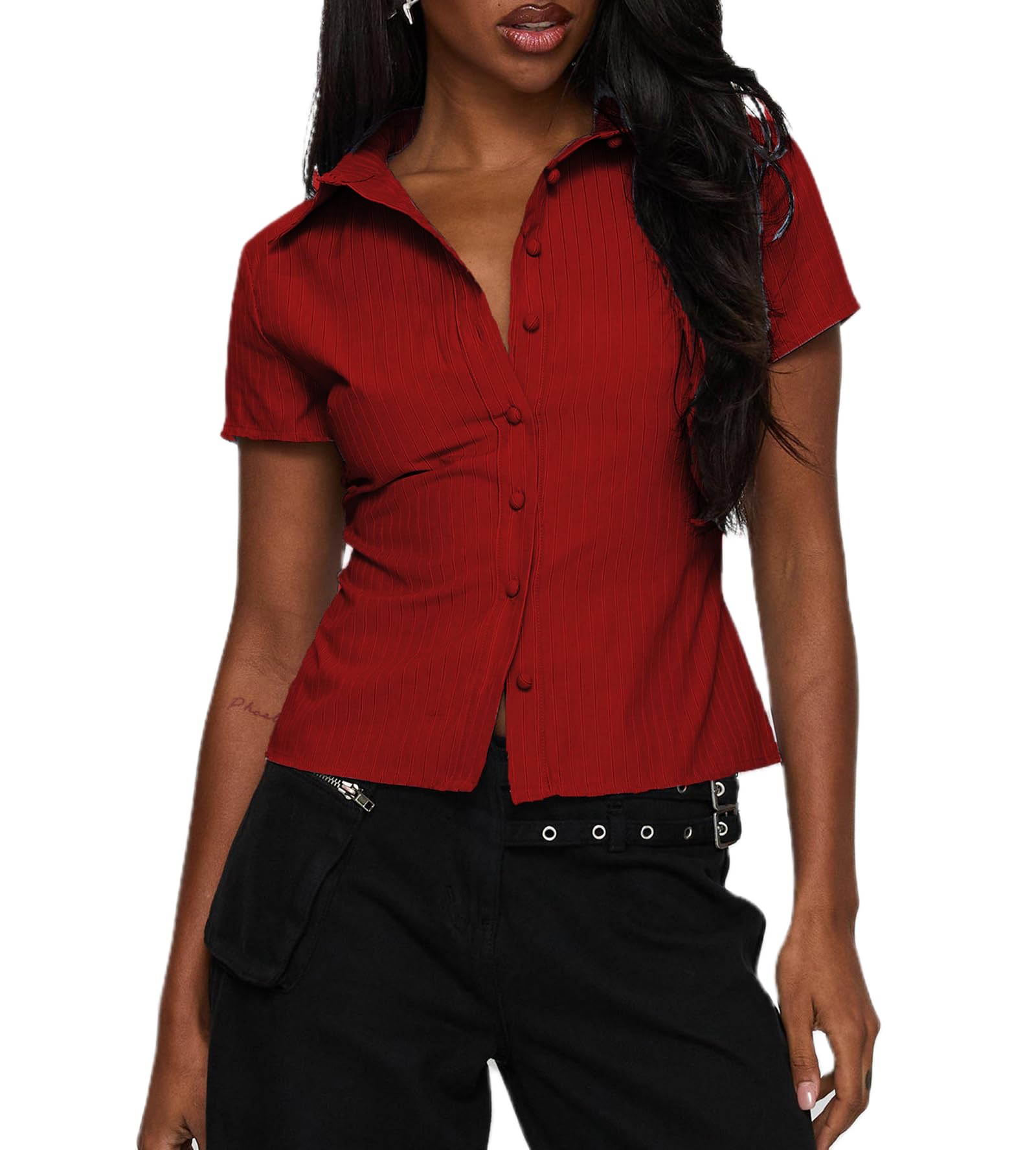 Y2k Fairy Plaid Button Down T Shirts Women Short Sleeve V Neck Aesthetic Tee Shirts Slim Fit Gingham Crop Top