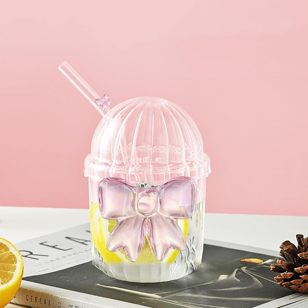Coquette Cute Pink Bow Glass Cup with Lid And Straw, Aesthetic Glass Tumbler