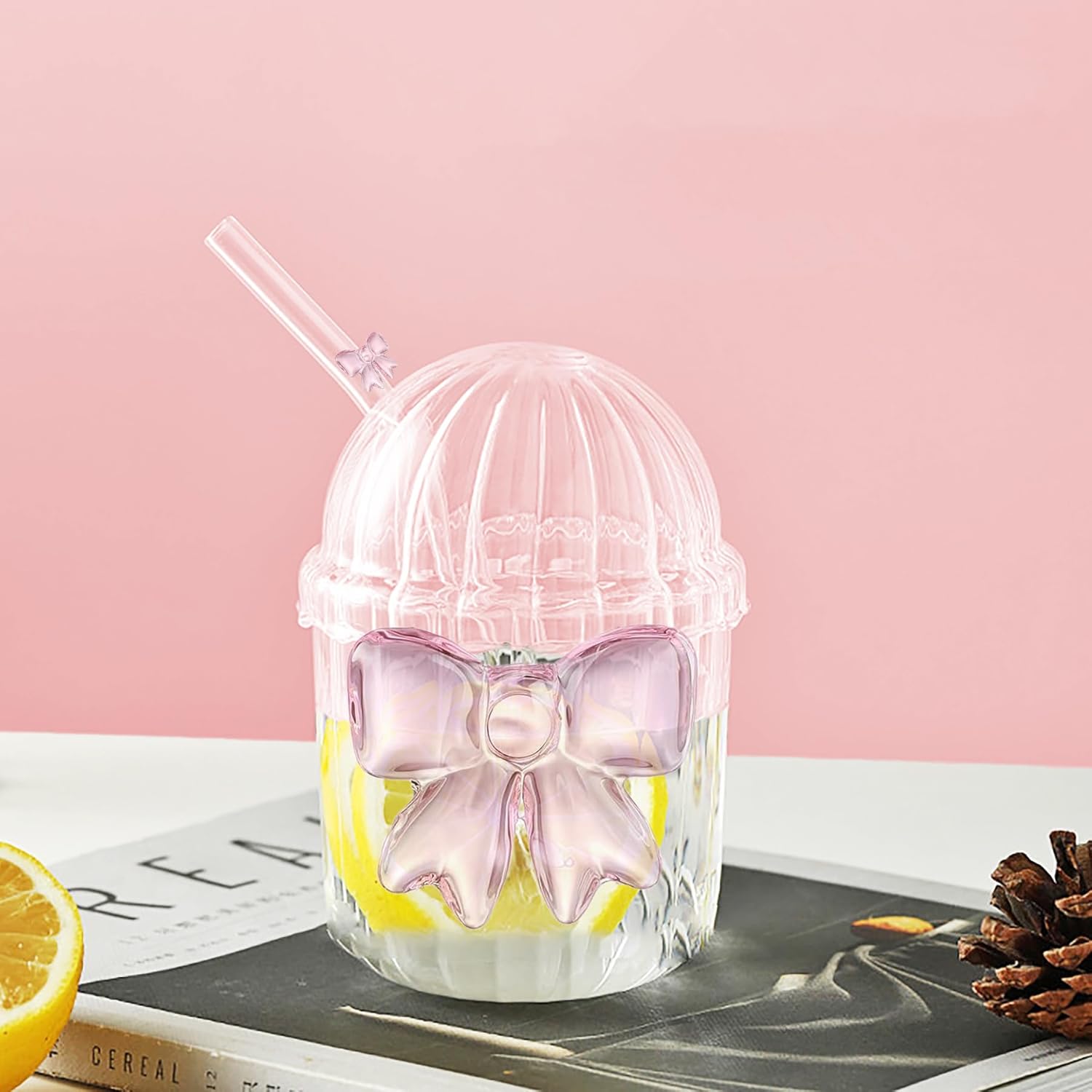 Coquette Cute Pink Bow Glass Cup with Lid And Straw, Aesthetic Glass Tumbler