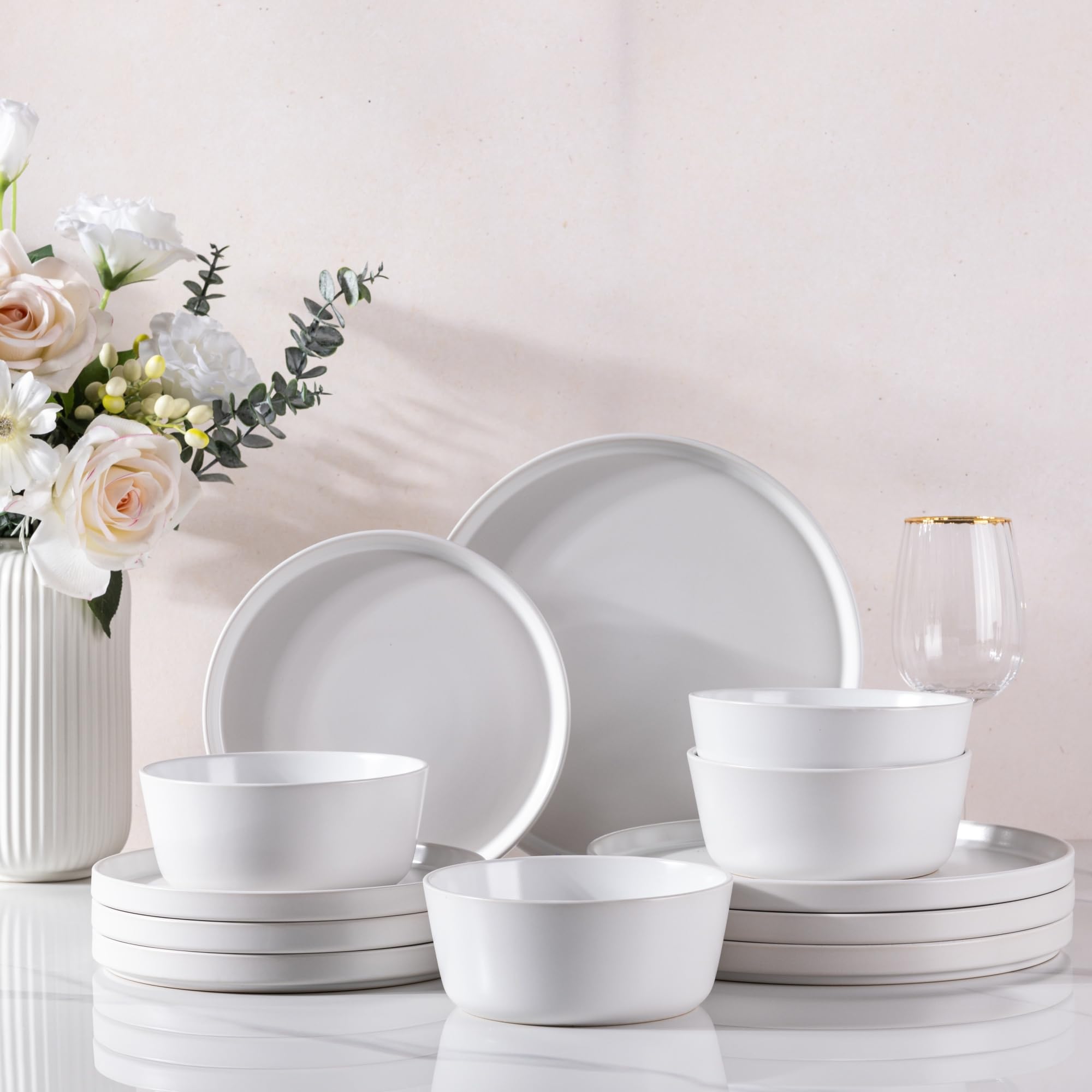 Ceramic Dinnerware Sets for 4, Modern Flat Stoneware Plates and Bowls Sets,Chip and Crack Resistant | Dishwasher & Microwave Safe Dishes Set, Scratch Resistant- Service for 4 (12pc)