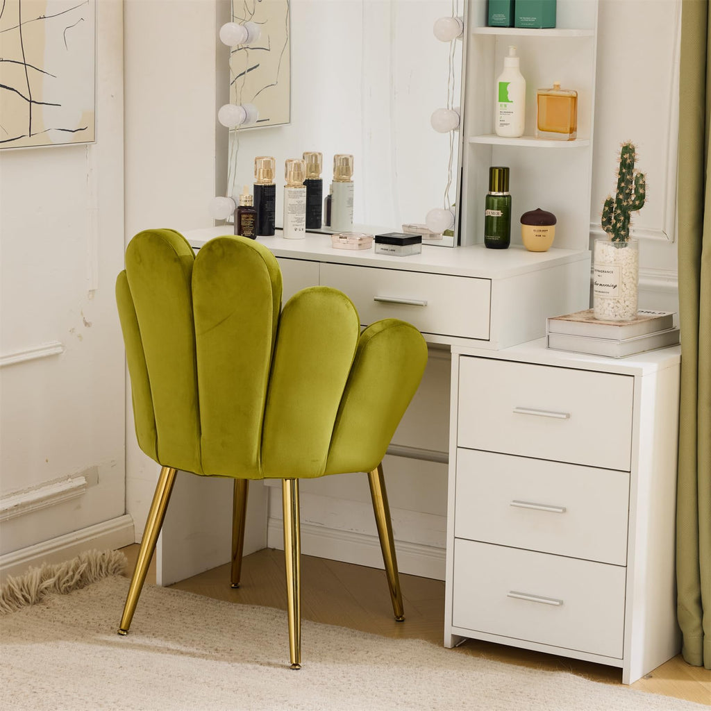 Cute, non-wheeled desk chair with backrest, fluffy cushion, cozy makeup chair with adjustable golden legs