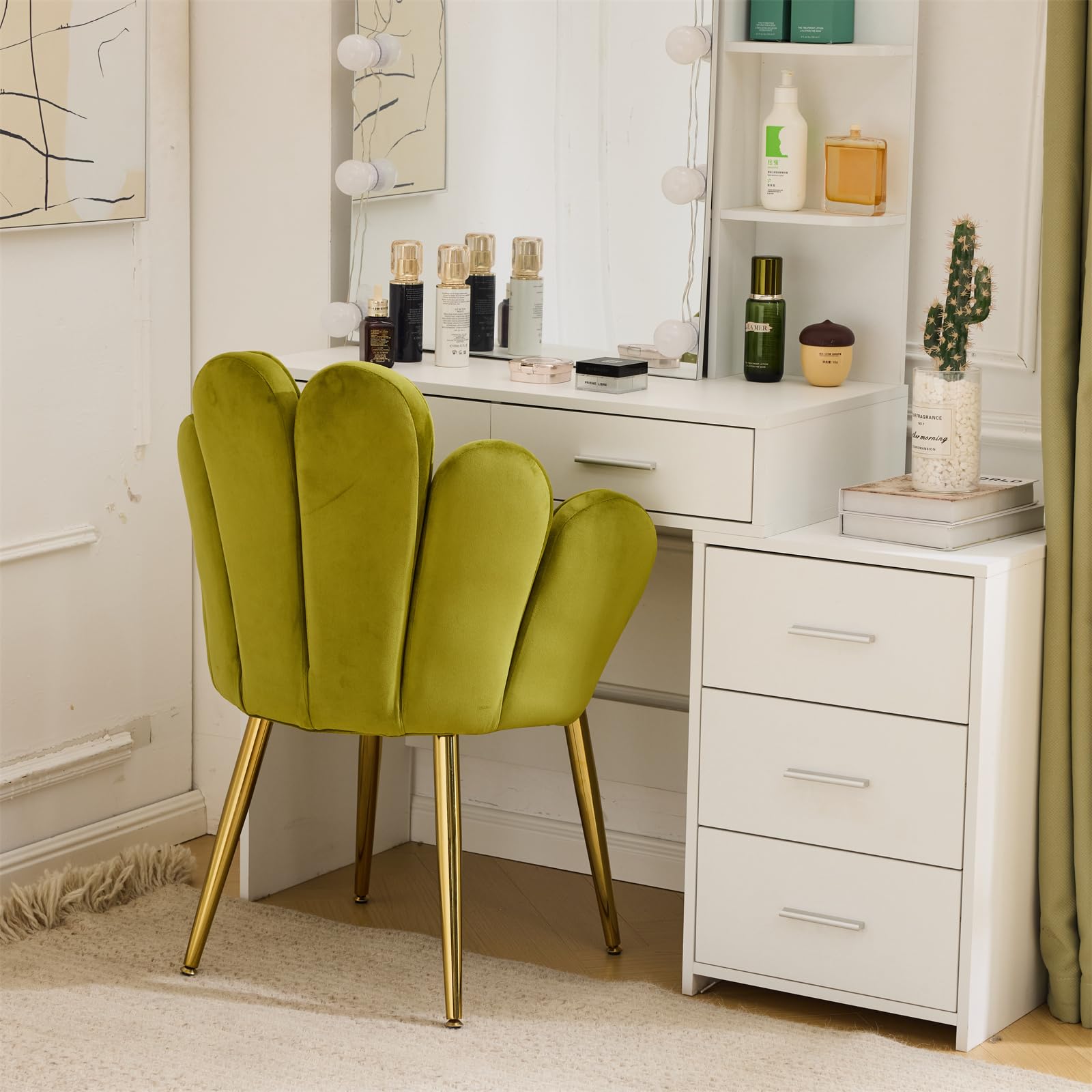 Cute, non-wheeled desk chair with backrest, fluffy cushion, cozy makeup chair with adjustable golden legs